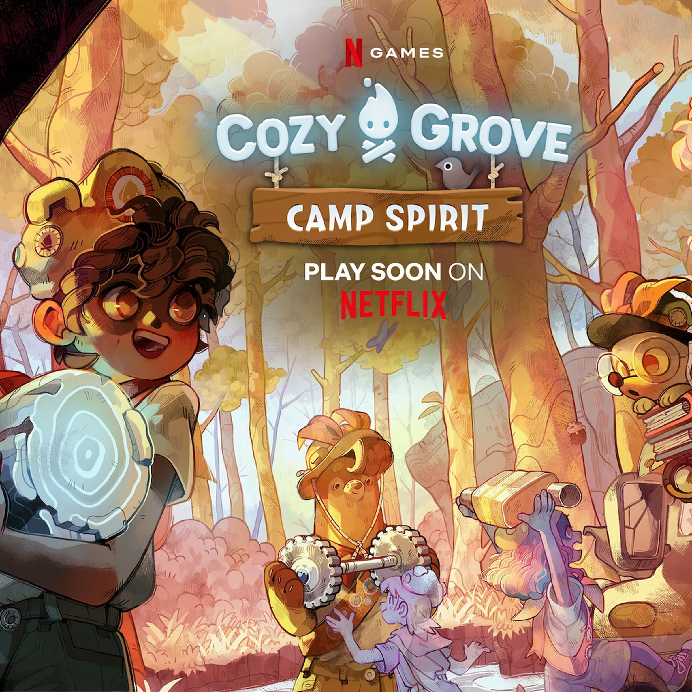 Key art from Cozy Grove: Camp Spirit featuring a human spirit scout carrying a ghostly white log of spirit wood in a forest environment with the Cozy Grove: Camp Spirit and Netflix logos in the center top of the image.
