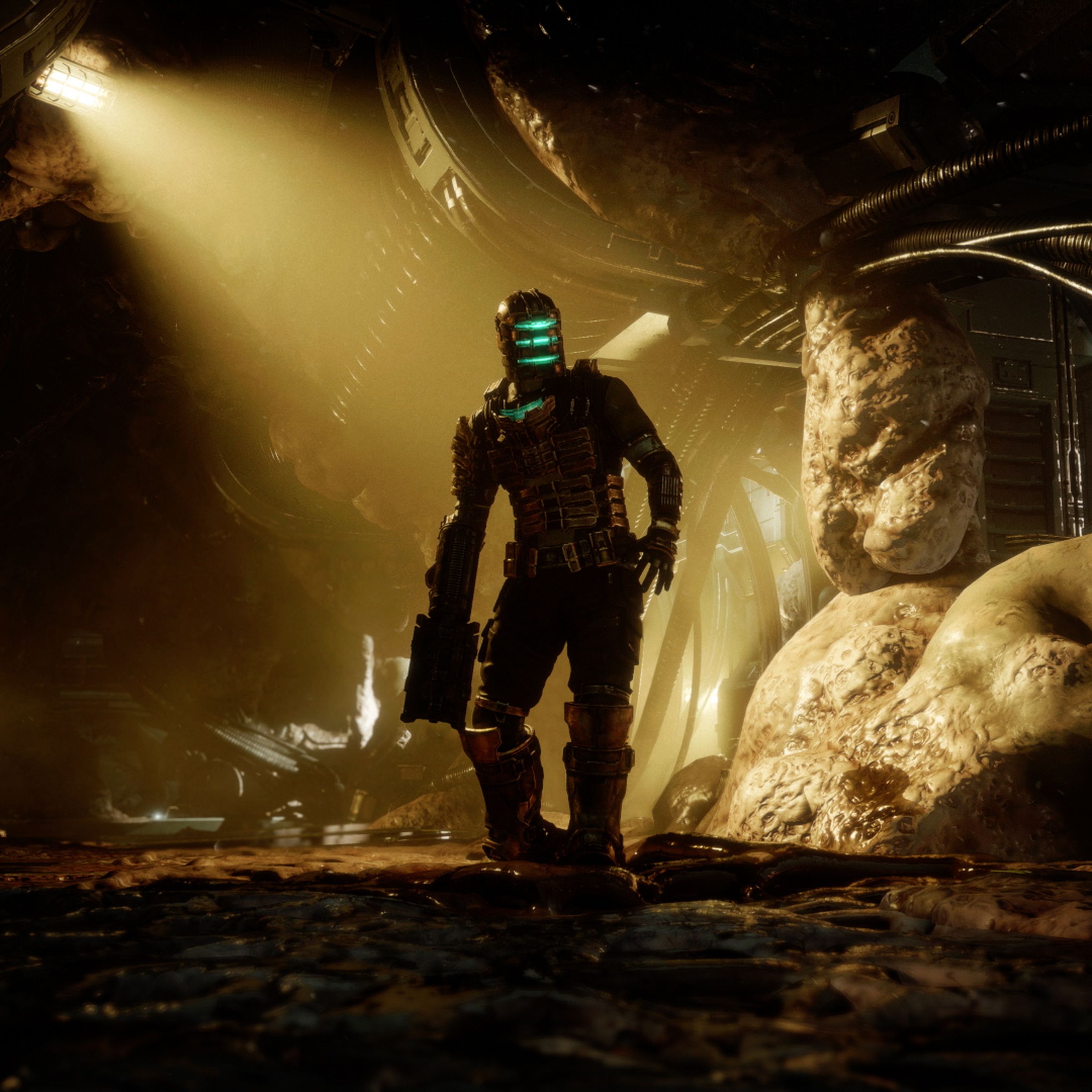 A screenshot of the protagonist of Dead Space carrying a plasma cutter.