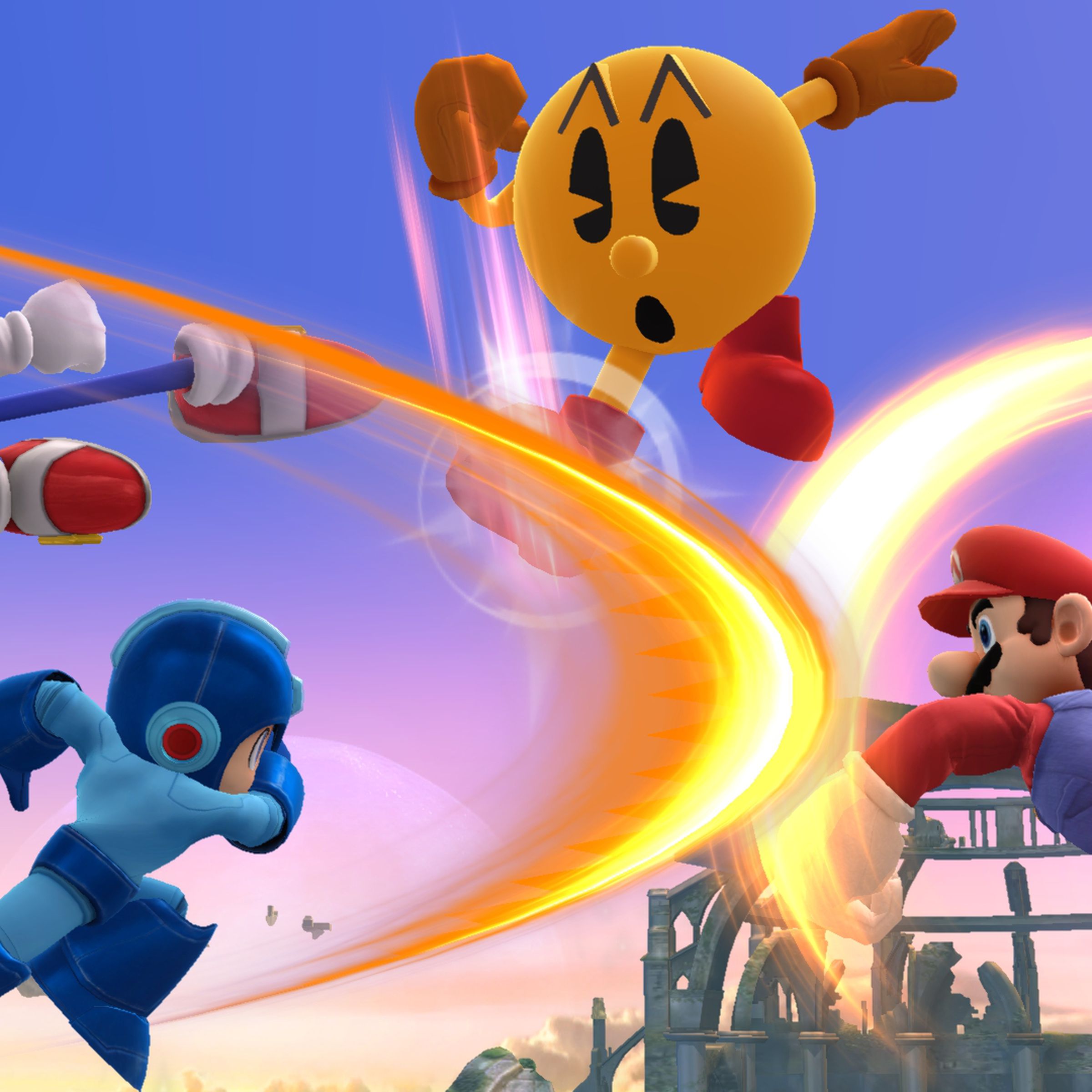 Sonic the Hedgehog, Pac-Man, Mega Man, and Mario in Super Smash Bros.