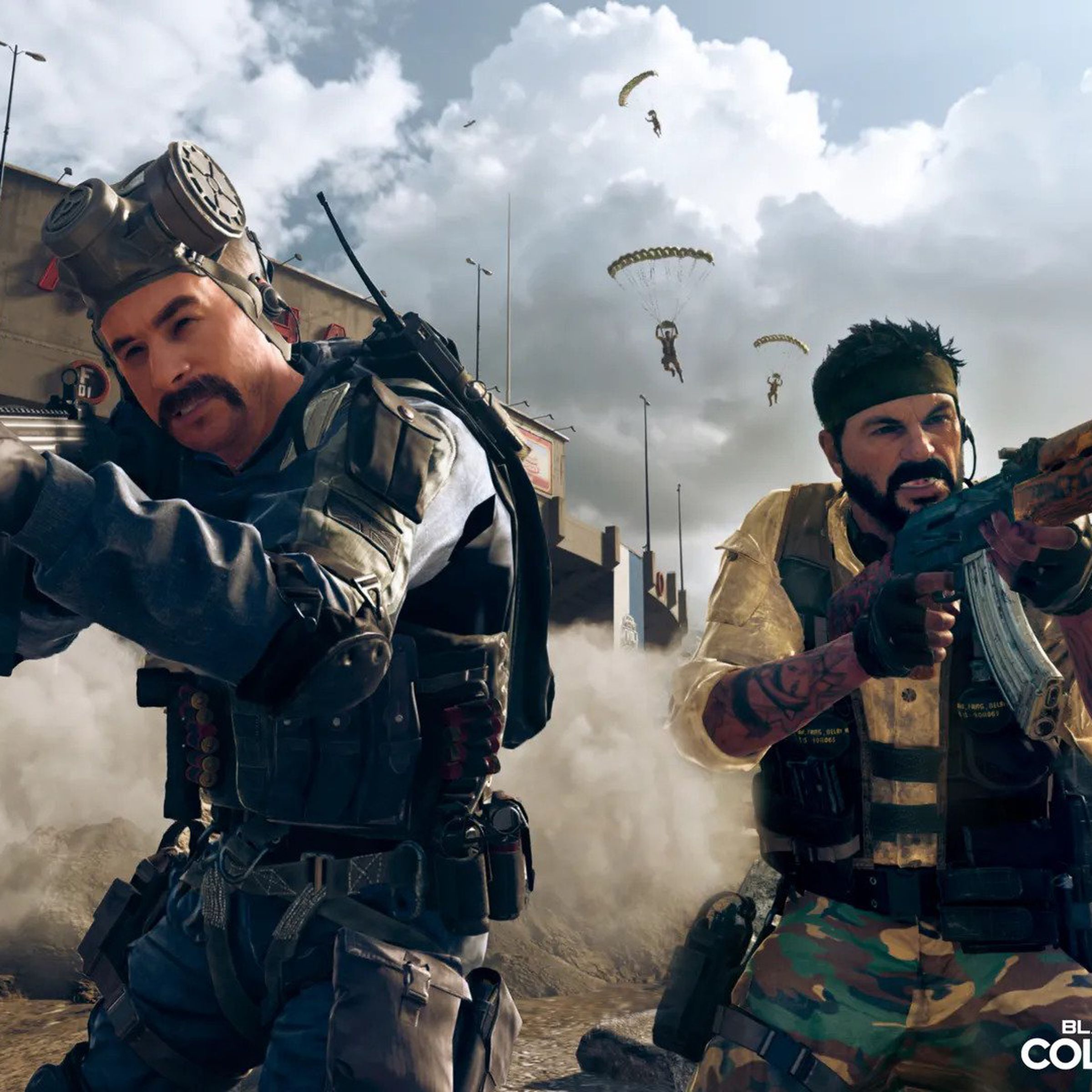 A screenshot of two characters shooting guns in Call of Duty: Warzone. 