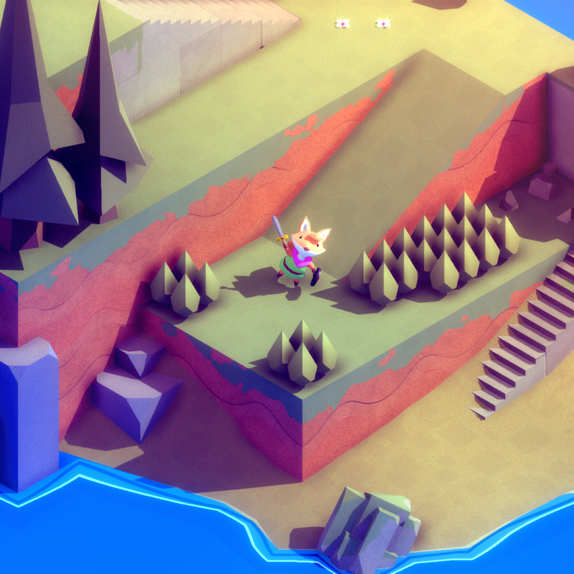 In a screenshot from Tunic, the main character stands with his sword raised on a plot of blocky land.
