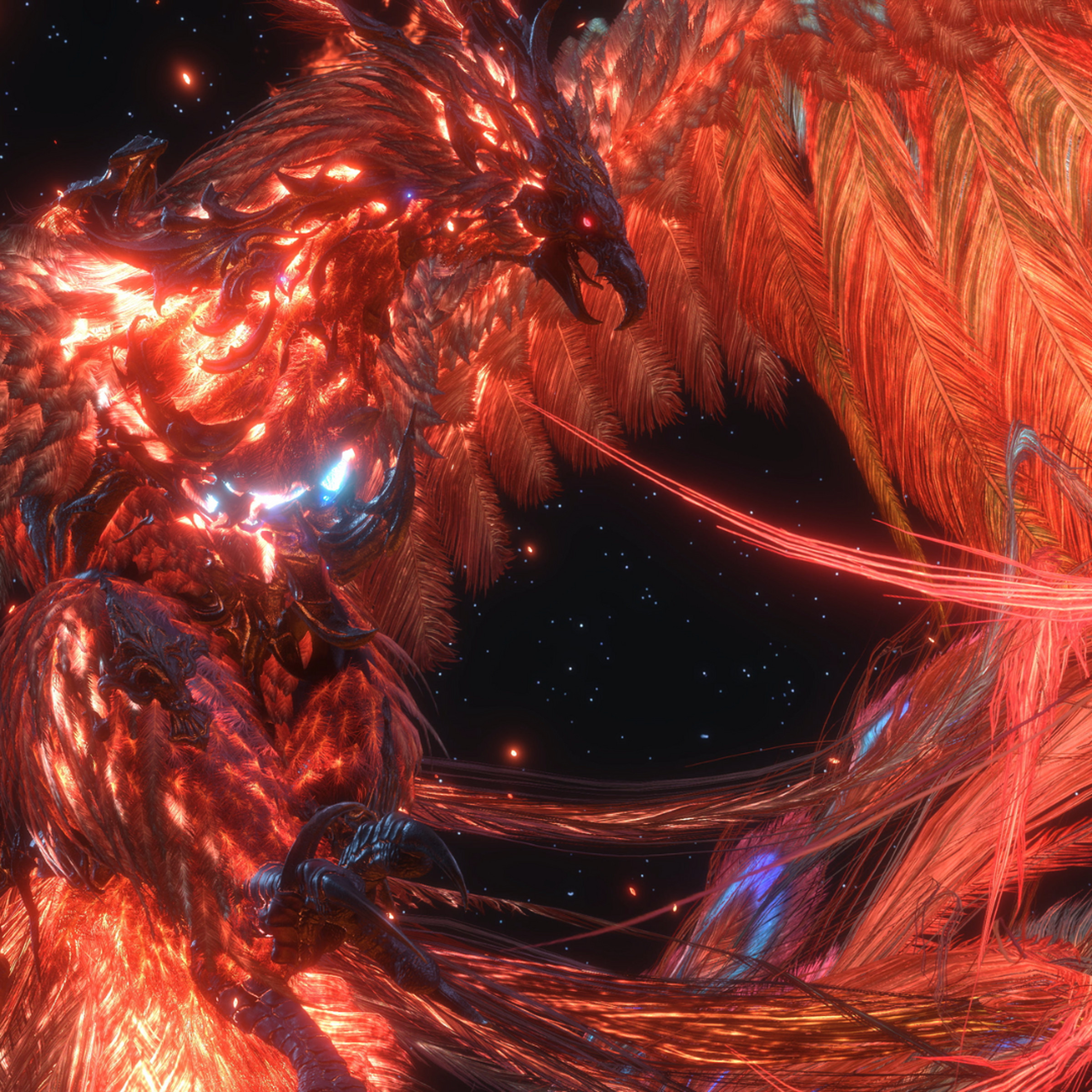 Image of the the Pheonix summon, a large firebird with stringy feathers wreathed in flames