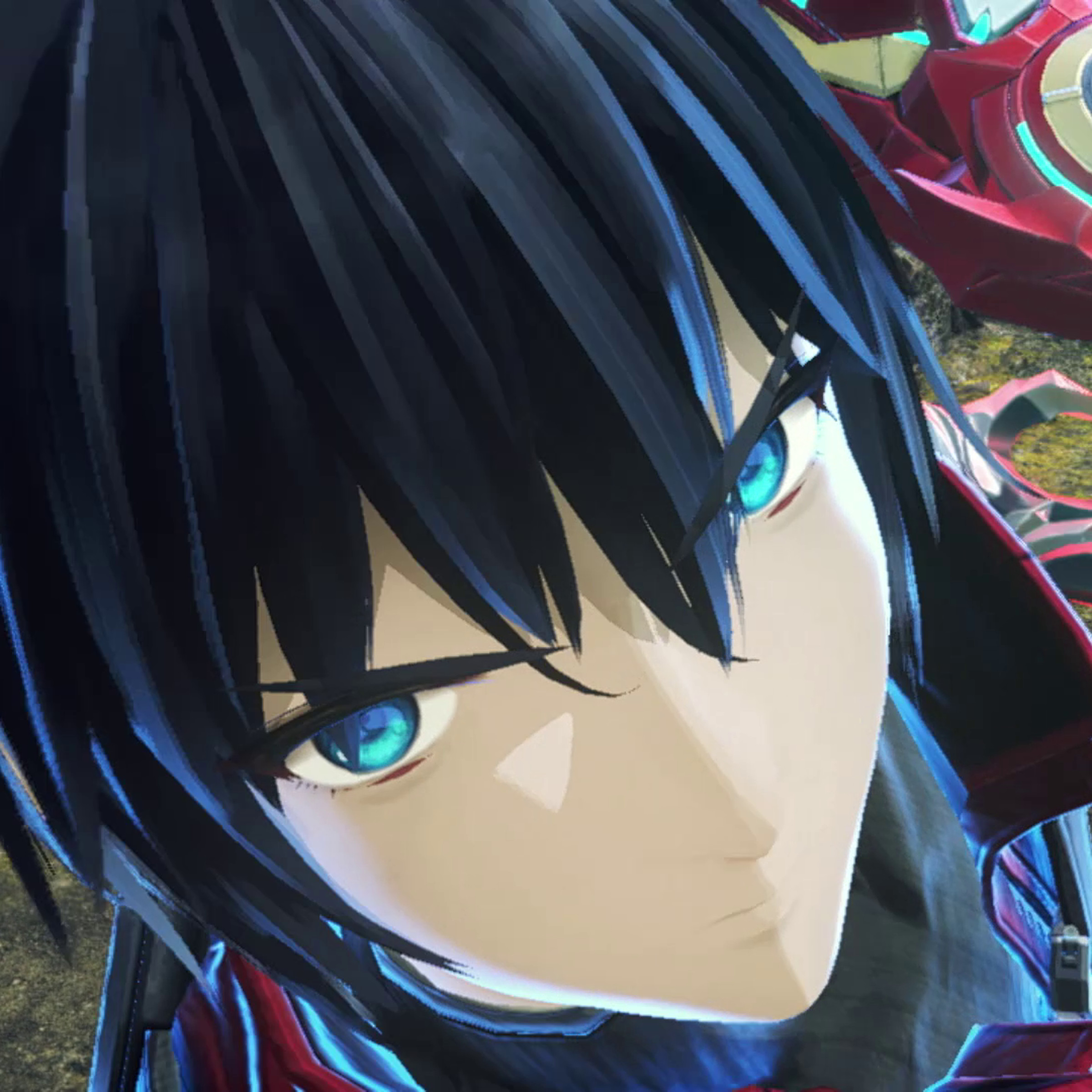 Screenshot from Nintendo’s Xenoblade Chronicles 3 featuring a close up of protagonist Noah’s face as he swings the titular Xenoblade.