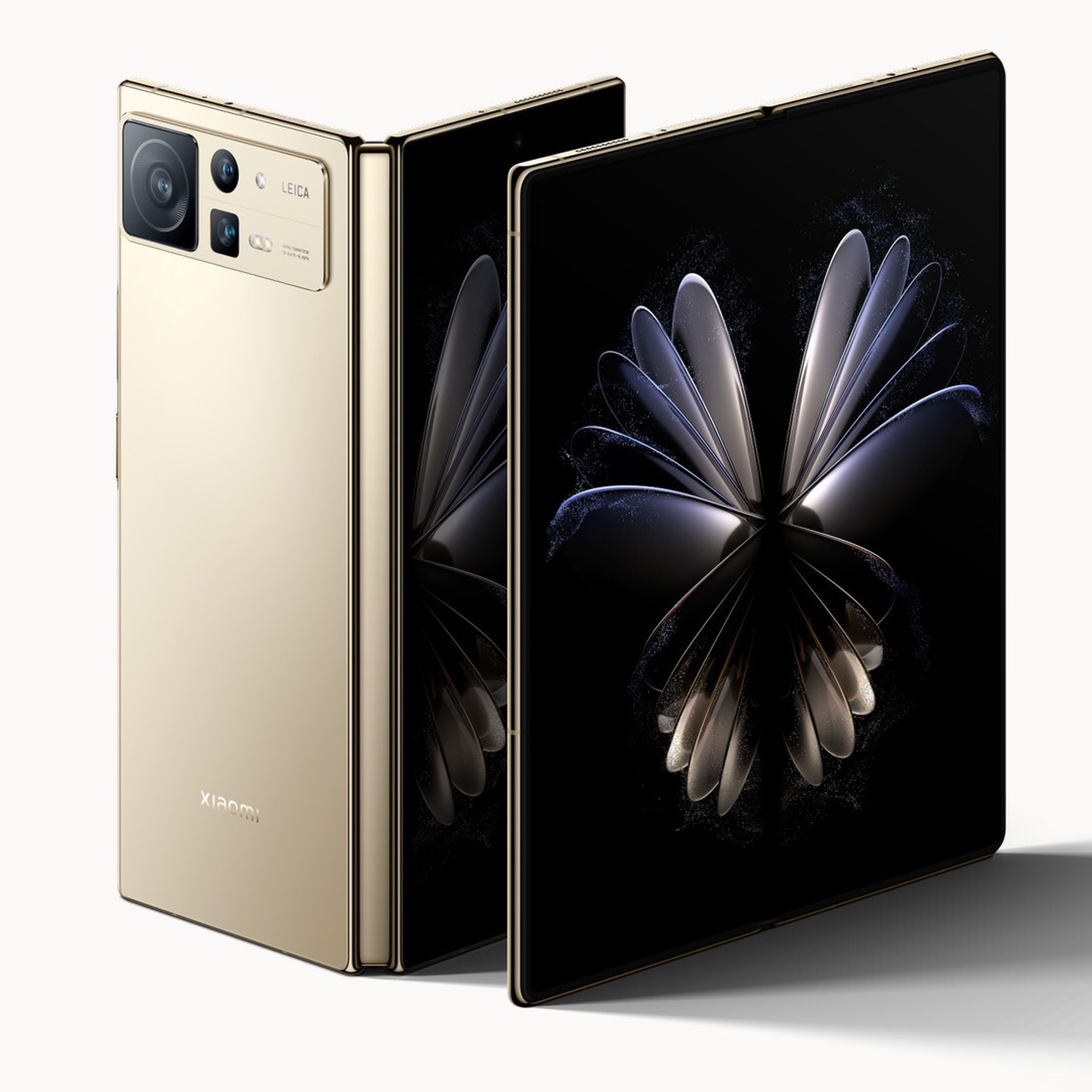 The Xiaomi Mix Fold 2 displayed in a gold finish