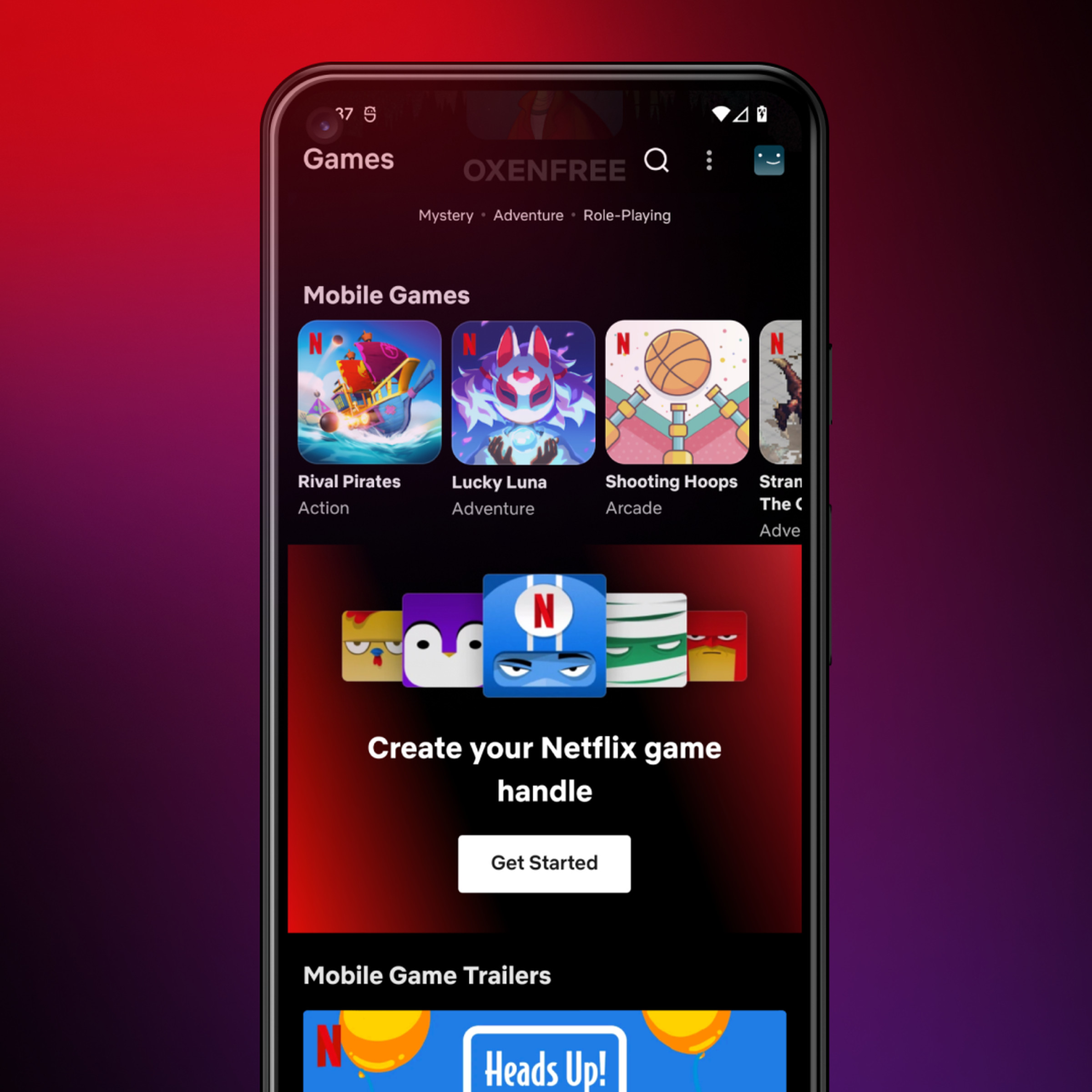 Netflix’s games section on an Android phone. There’s a new section in the middle titled, “Create your Netflix game handle.”