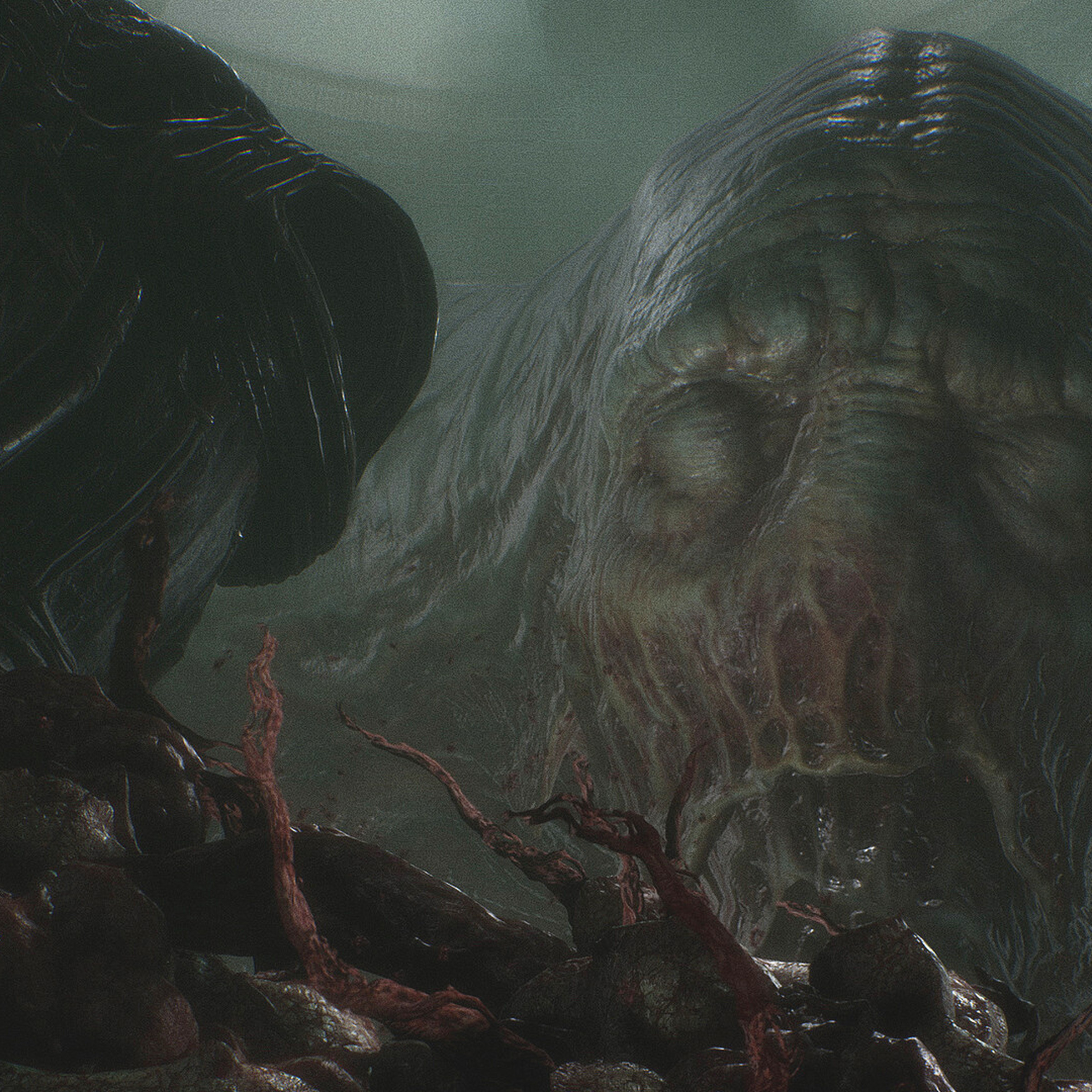 Screenshot from Scorn featuring a large fleshy head with skin covering the eye sockets with red-tinged and wrinkled lips.