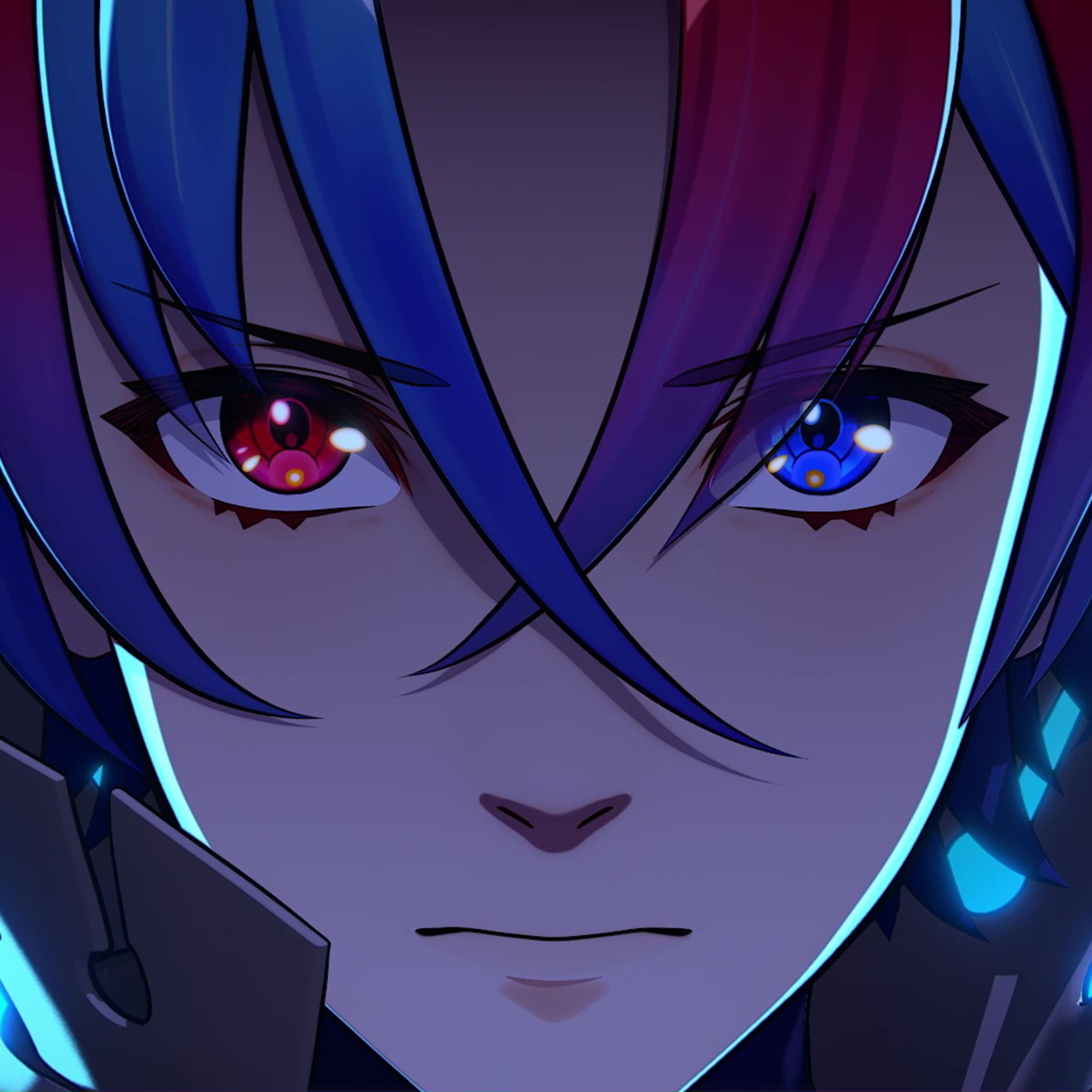 Screenshot from Fire Emblem Engage’s story trailer featuring a close-up of the protagonist, Alear, who has red- and blue-colored eyes and hair.