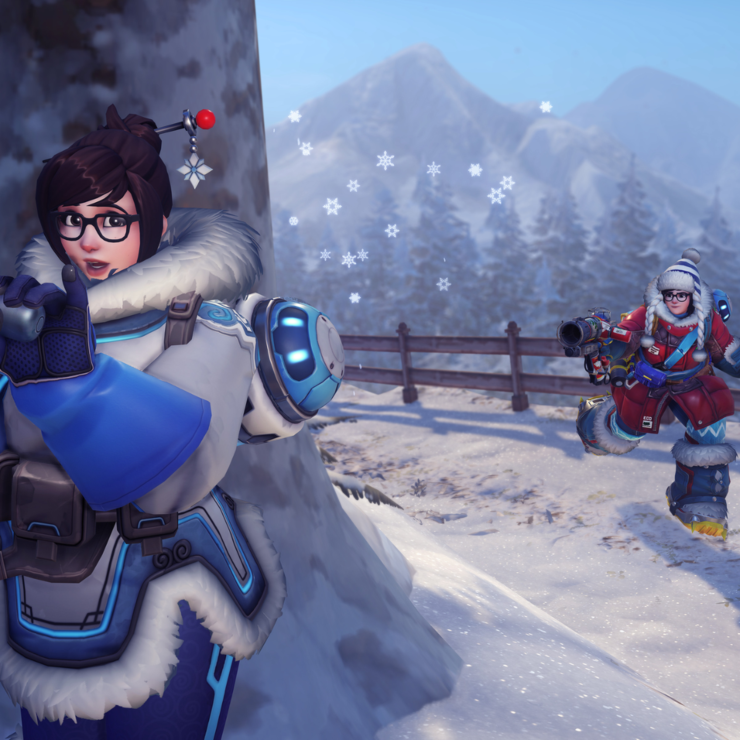 Screenshot from Mei’s Snowball Challenge featuring one Mei sneaking up behind another Mei to attack.