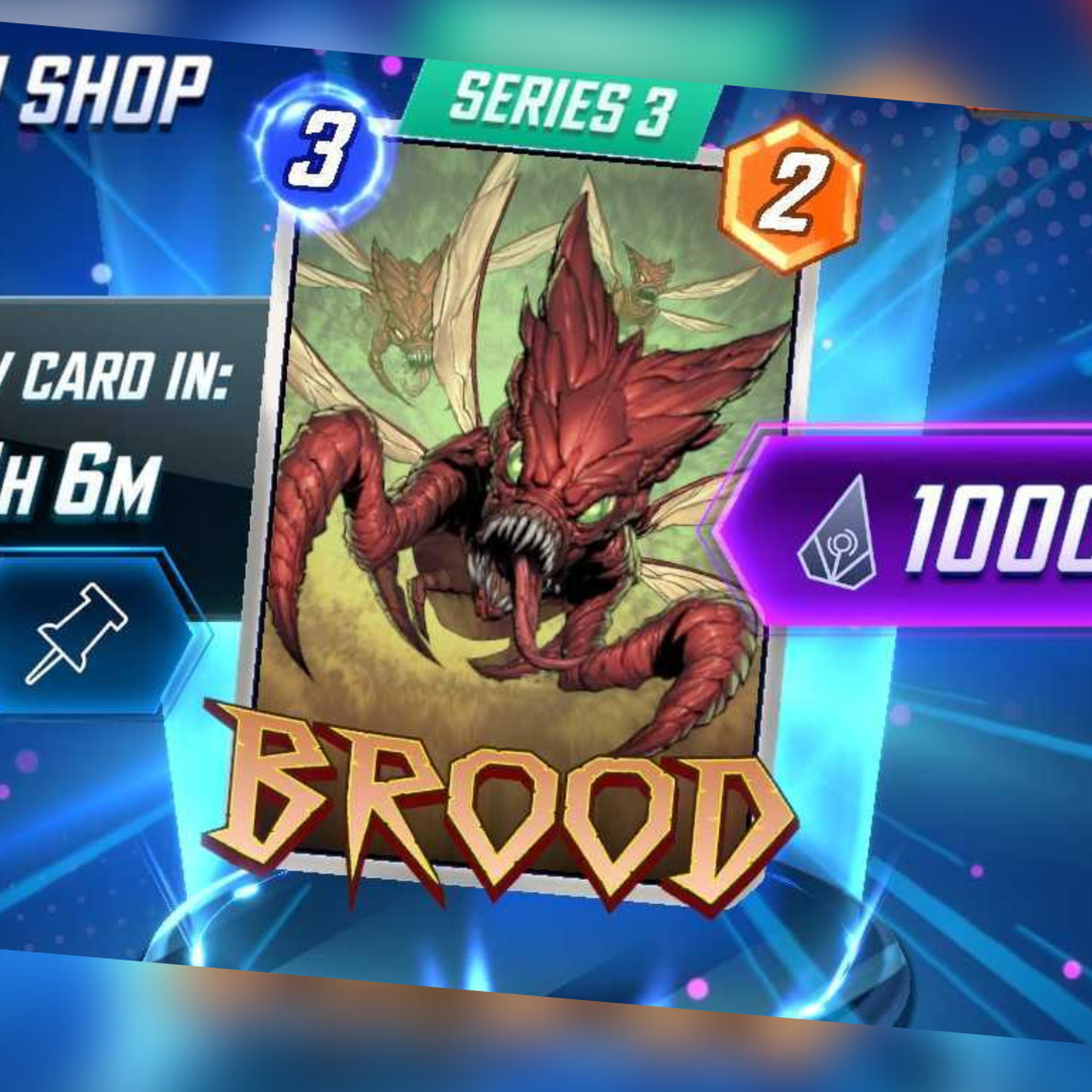 Screenshot from Marvel Snap featuring the new Token Shop displaying the Brood card for sale for 1,000 tokens with a notification the sale will expire in one hour and six minutes.
