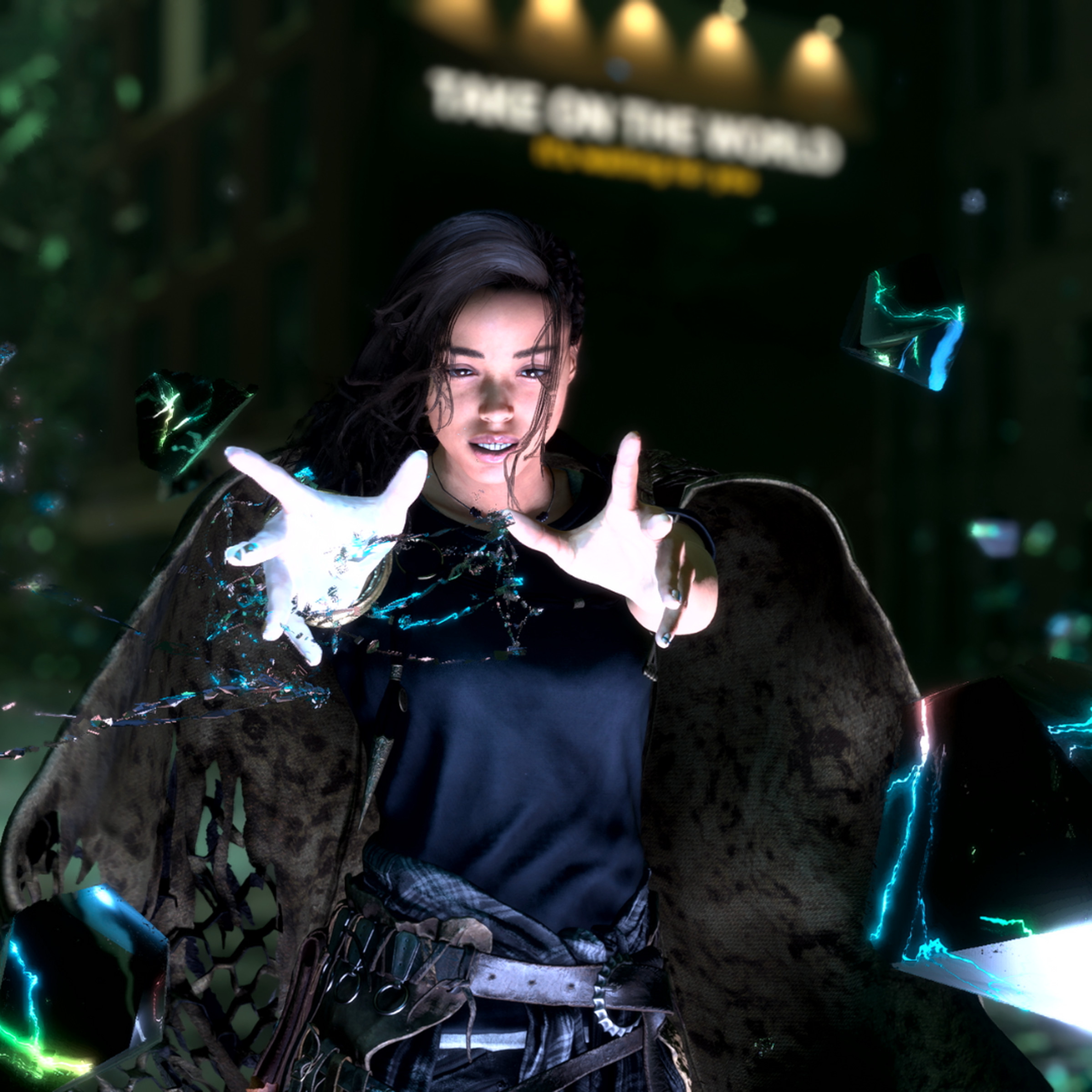 Screenshot from Forspoken featuring the protagonist Frey casting a magical spell with her hands outstretched in front of her.