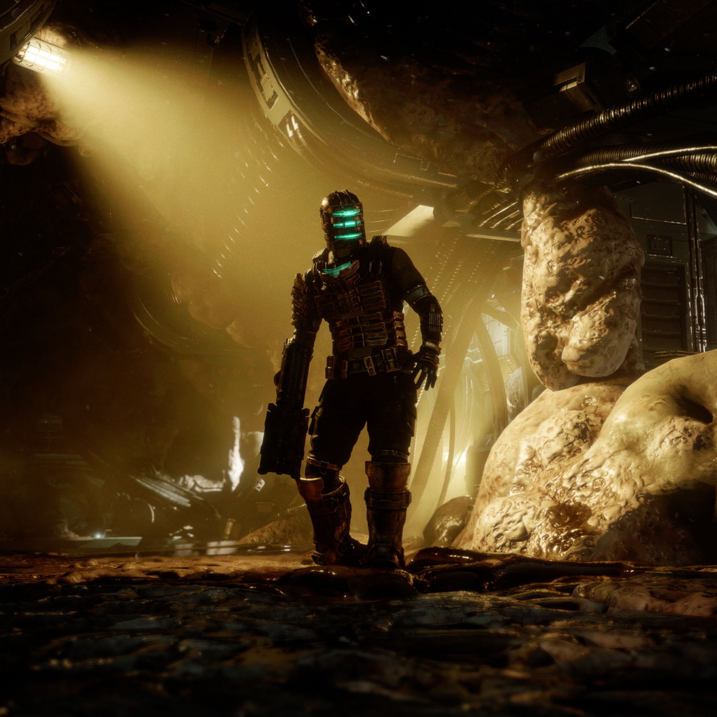 A screenshot of the protagonist of Dead Space carrying a plasma cutter.
