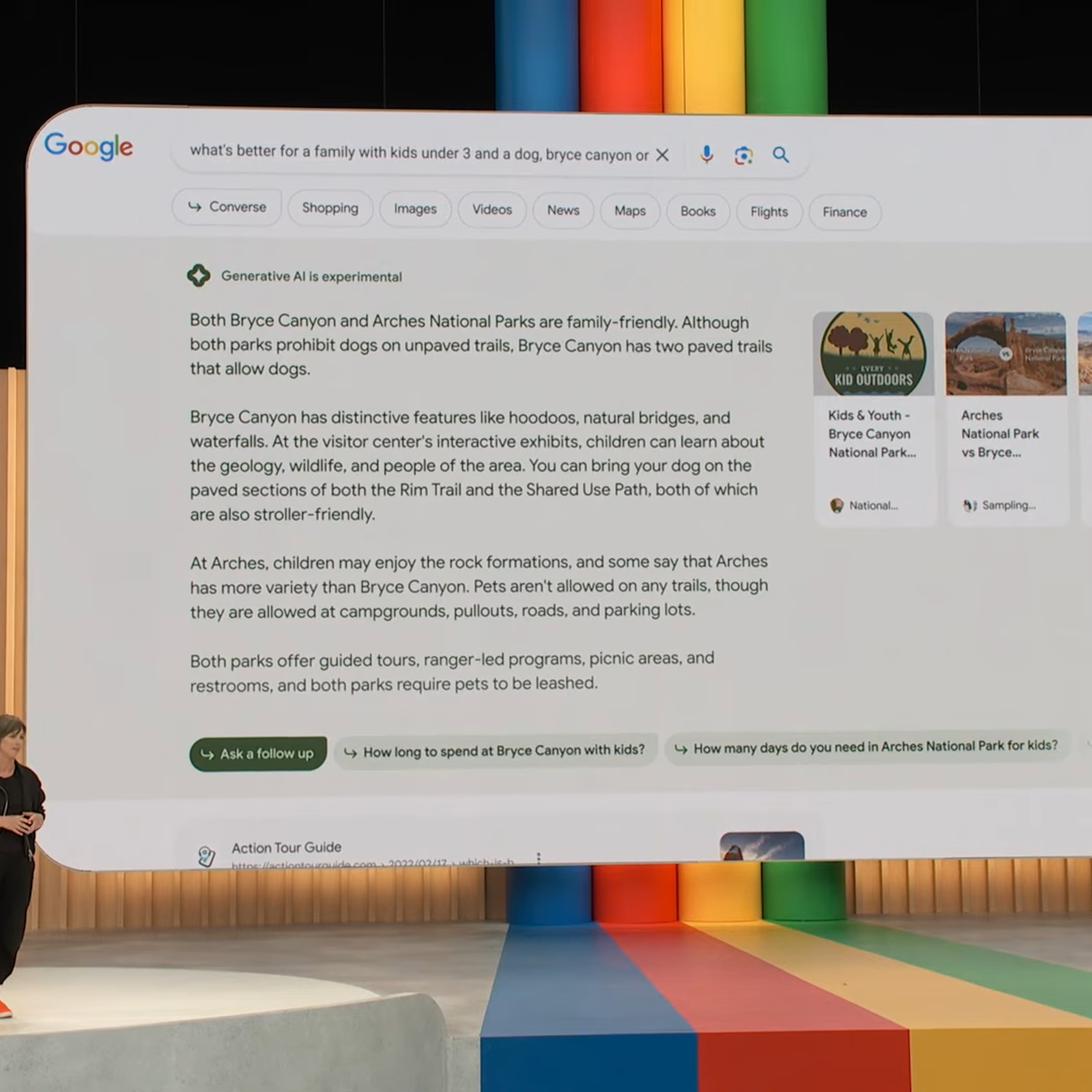 Google’s Cathy Edwards in front of a screenshot of Google’s Search Generative Experience.