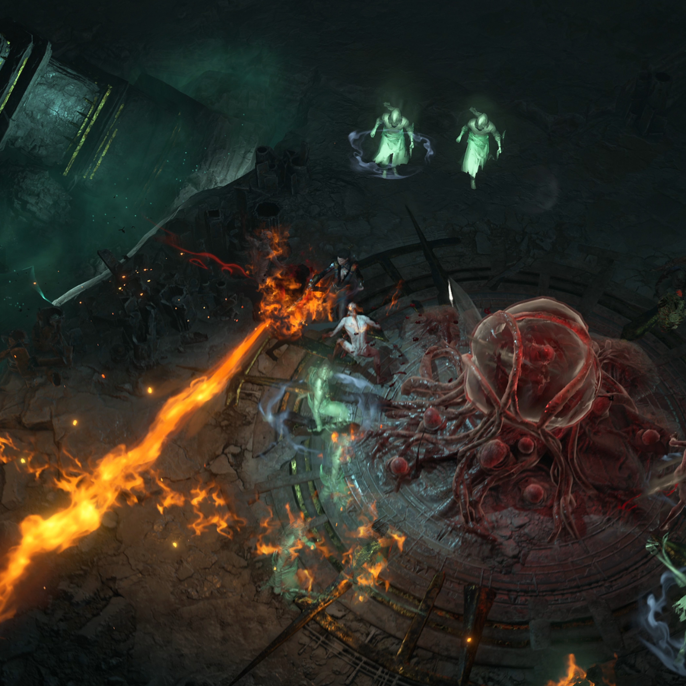 Screenshot from Diablo IV featuring a top-down view of a dark dungeon with a bubbling flesh monster, spectral enemies, and a tongue of fire emanating from a monster.