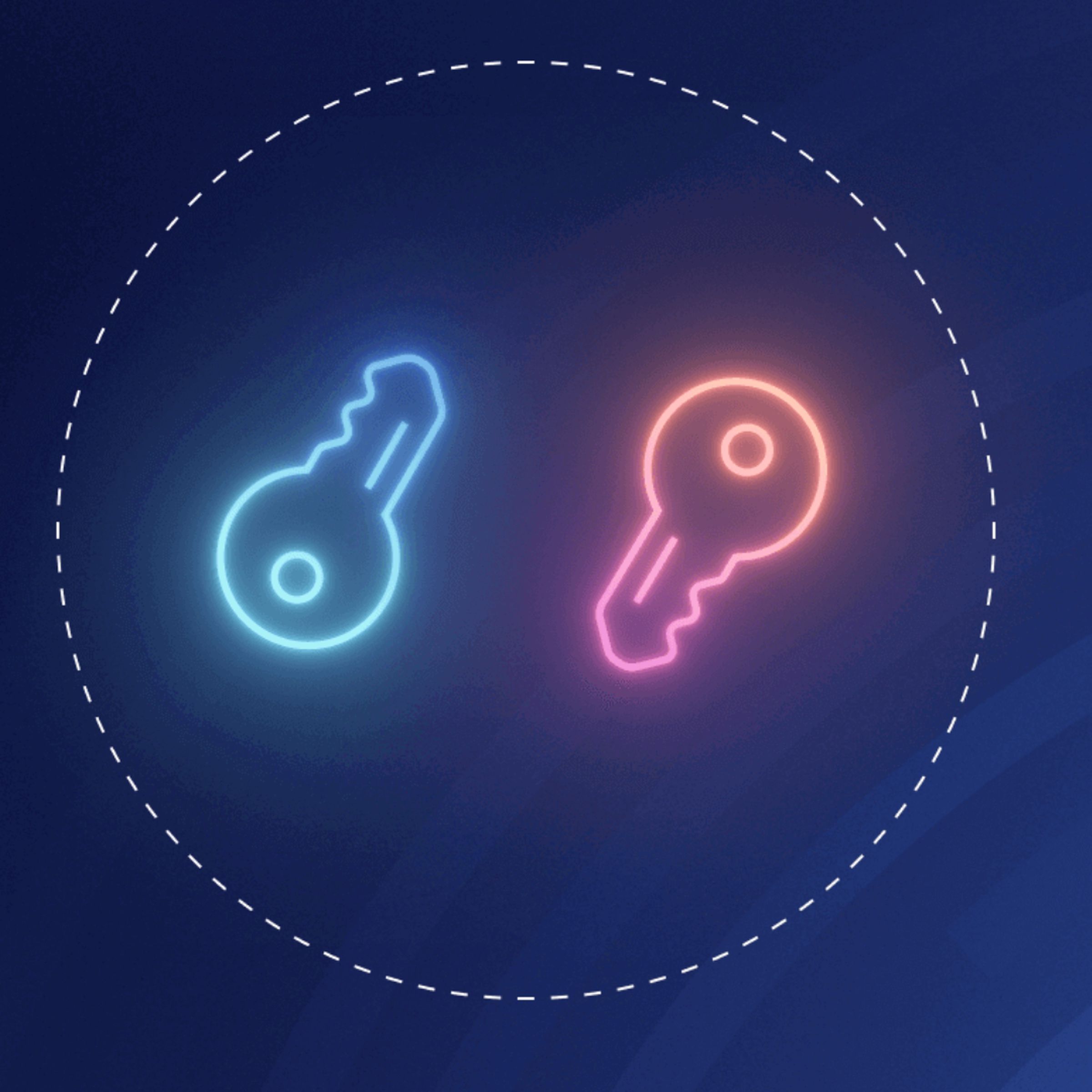 A red neon key and a blue neon key in a circle, against a dark blue background.