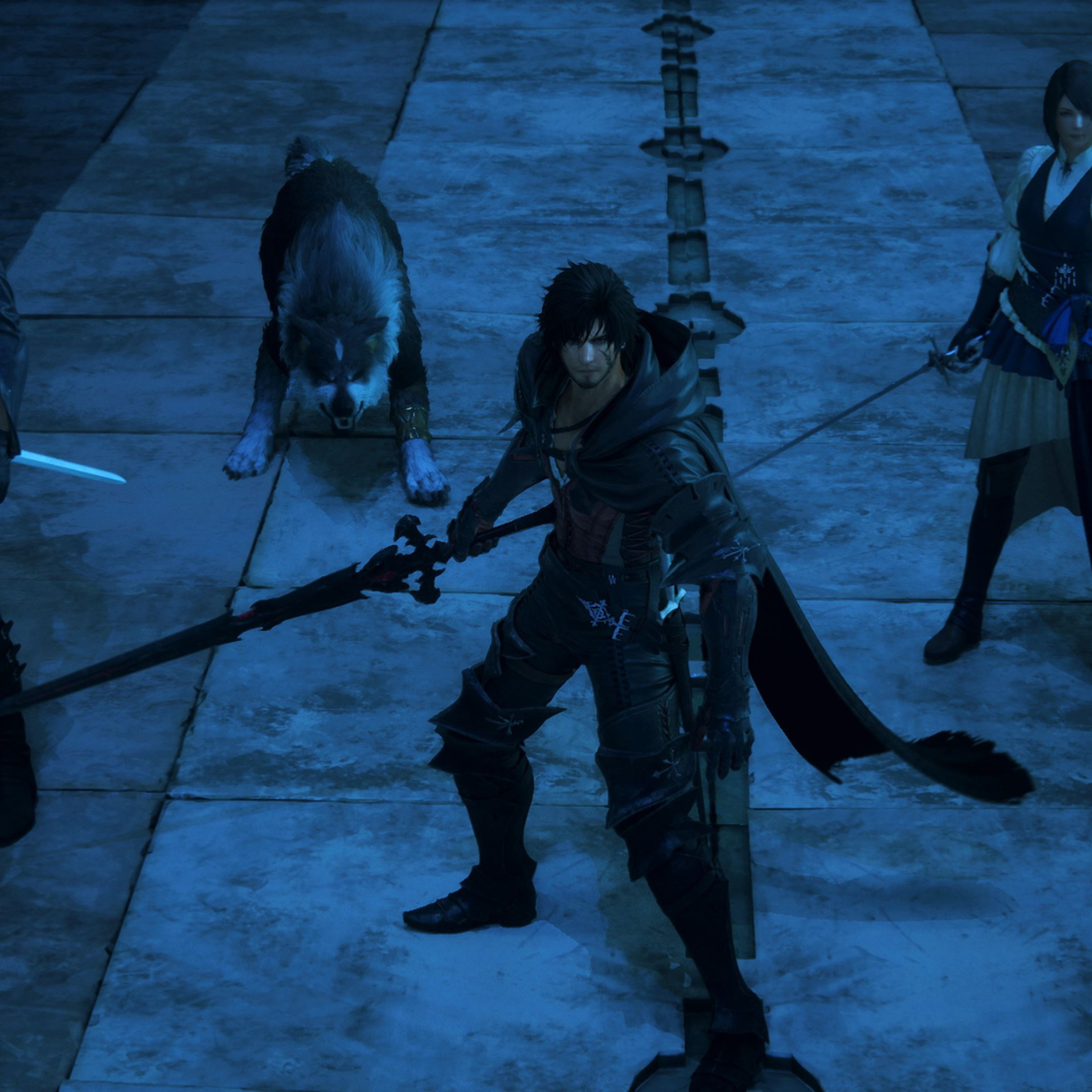 Screenshot from Final Fantasy XVI featuring Cid, Torgal the wolf, Clive, and Jill