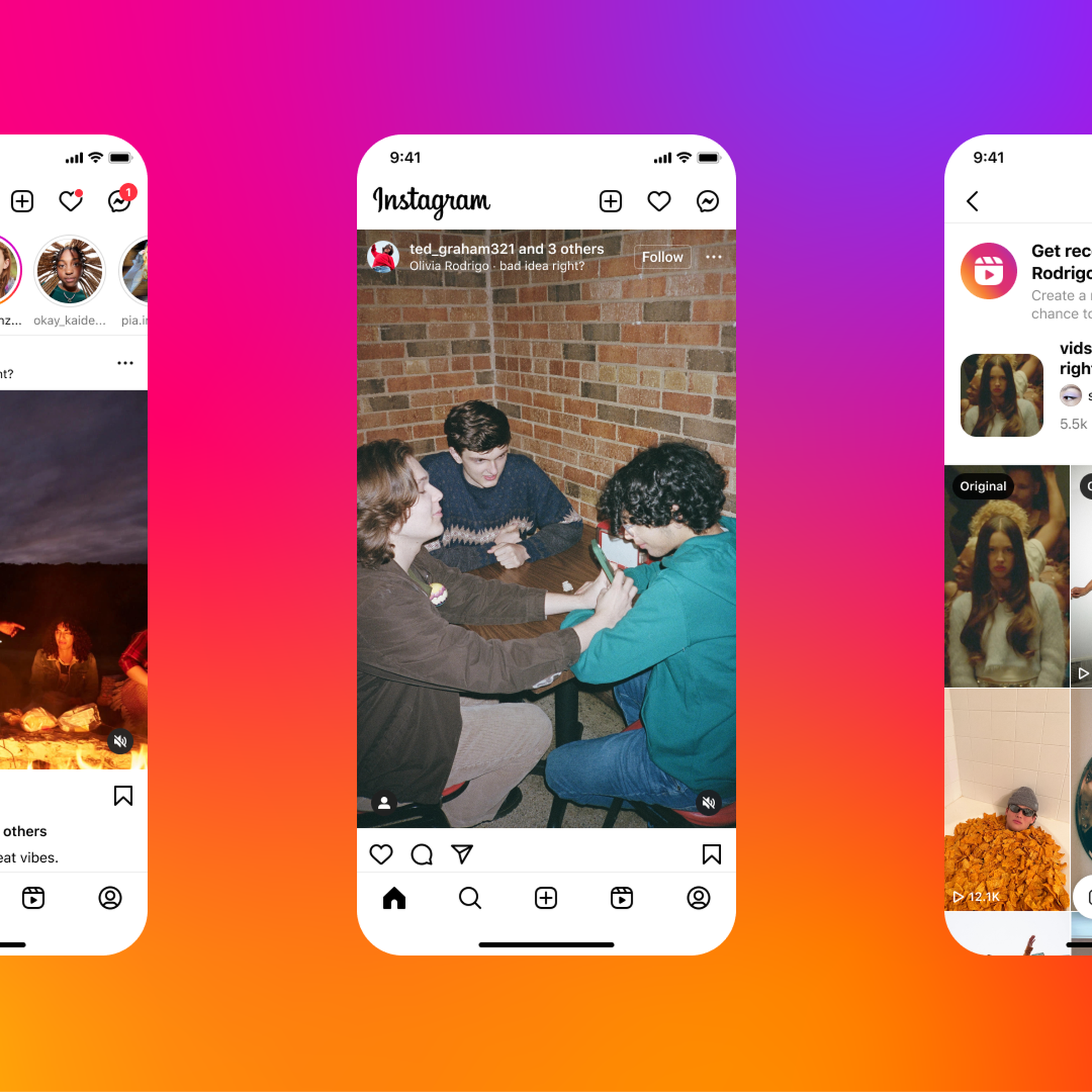 Instagram screens showing a song added to grid posts and pinned reels using artists’ music.