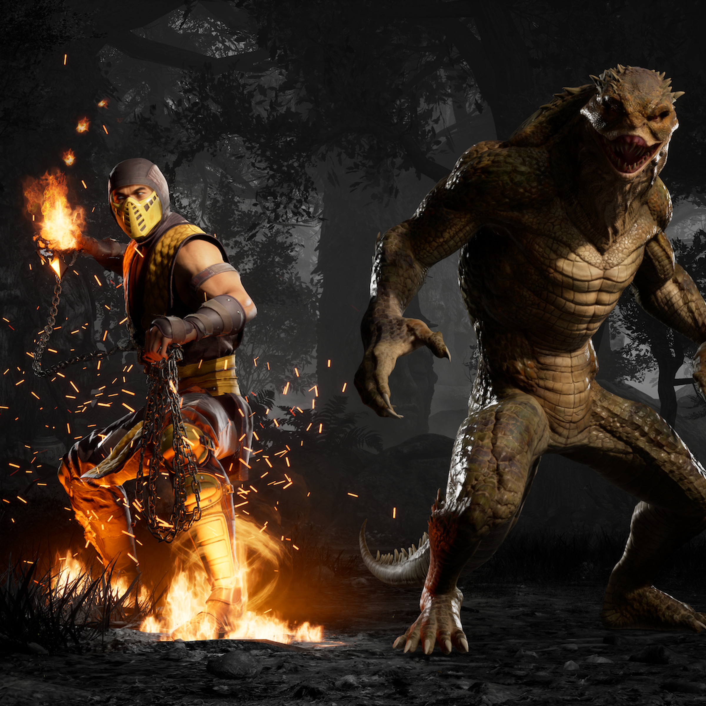 Screenshot from Mortal Kombat 1 featuring the character Scorpion and Reptile facing the camera
