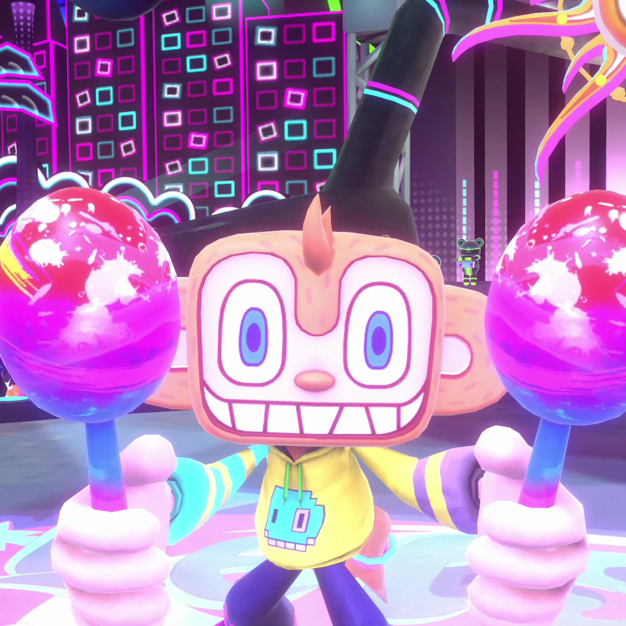 An in-game screenshot of Samba de Amigo: Party Central, showing the in-game monkey mascot playing the maracas.