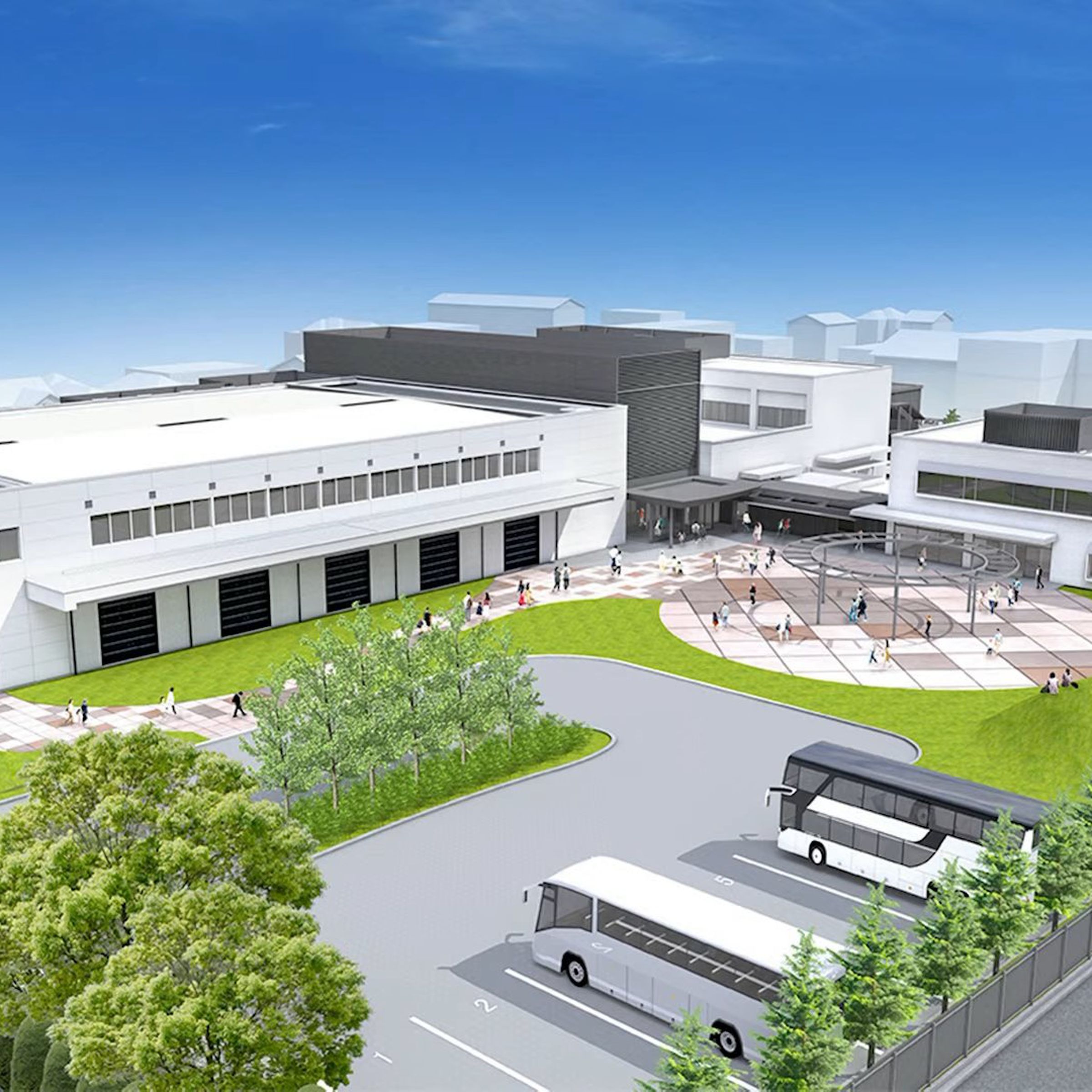 Rendered image of the Nintendo Museum buildings with tour buses and an open, park-like entrance.