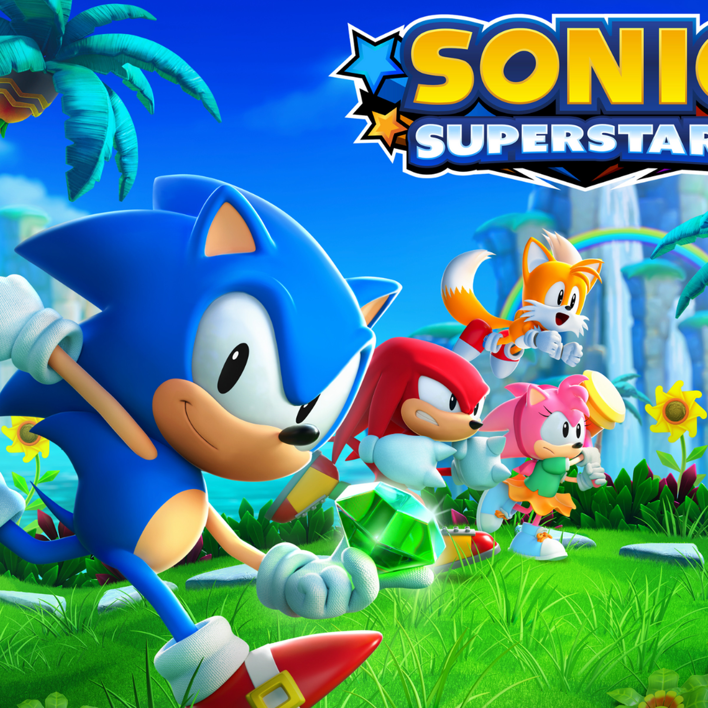 Key art of Sonic Superstars featuring 3D sprites of Sonic, Amy, Tails, and Knuckles
