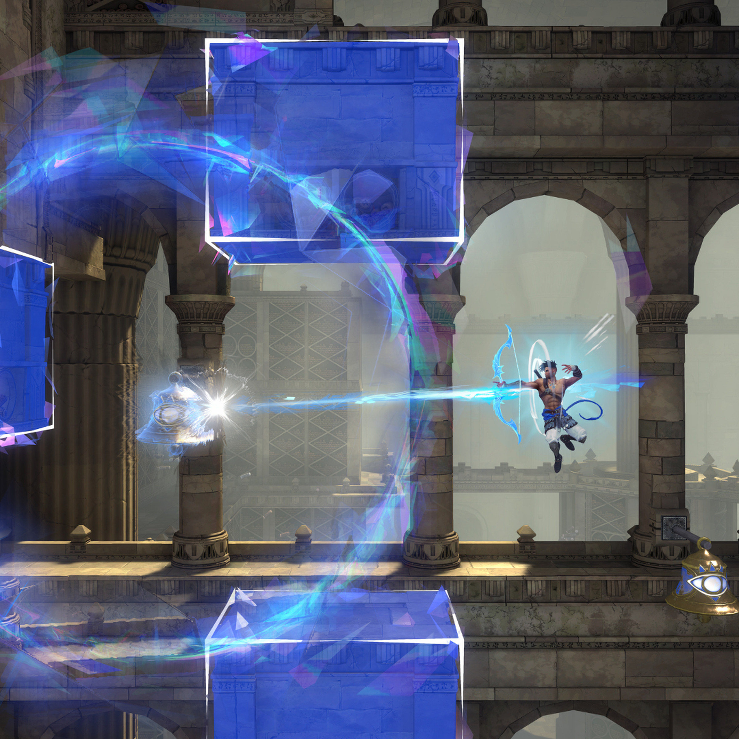 Screenshot from Prince of Persia: The Lost Crown featuring the main character Sargon shooting a bell with his bow to activate incorporeal platforms while in midair.
