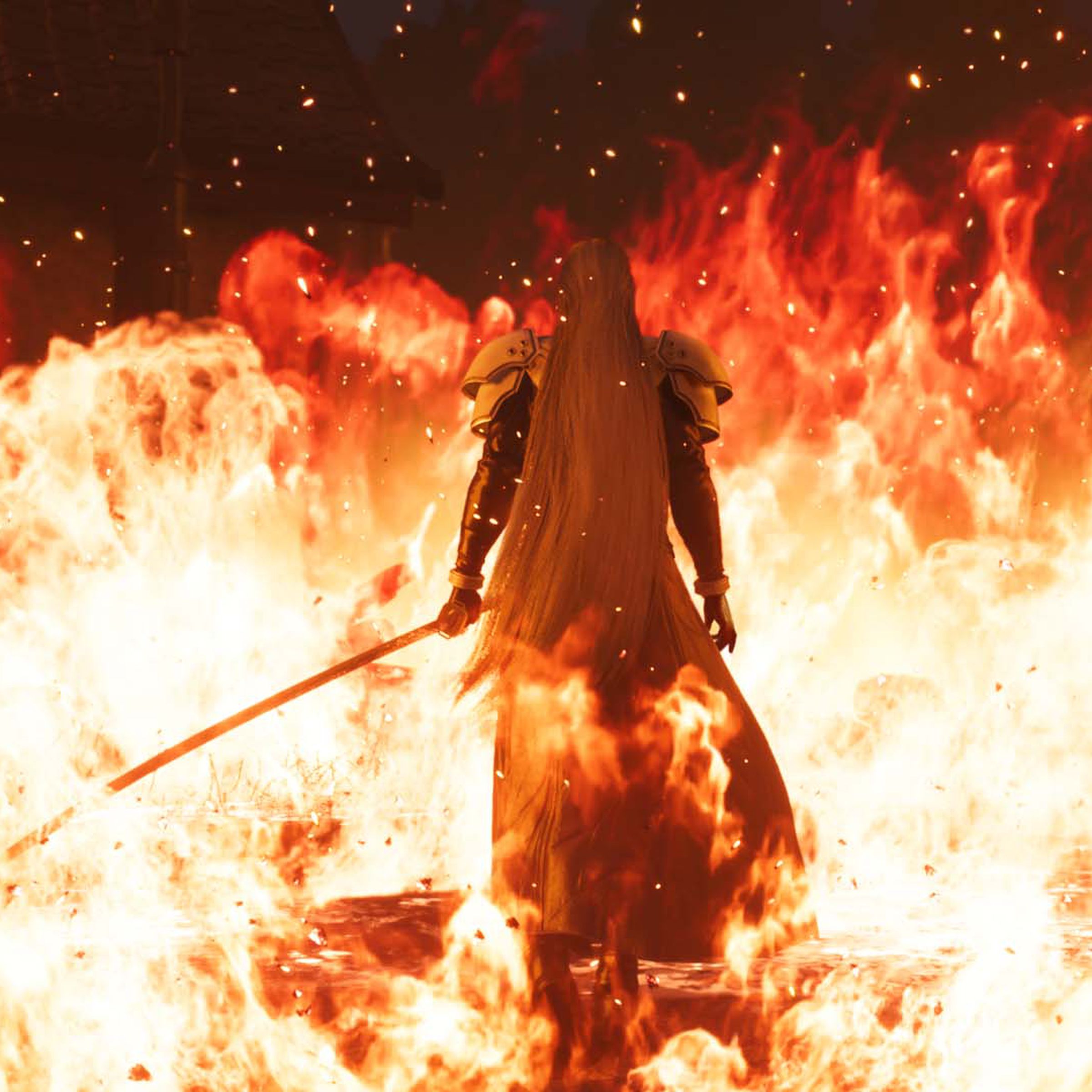Screenshot from Final Fantasy VII: Rebirth featuring the iconic villain Sephiroth wreathed in flames with his back to the viewer.