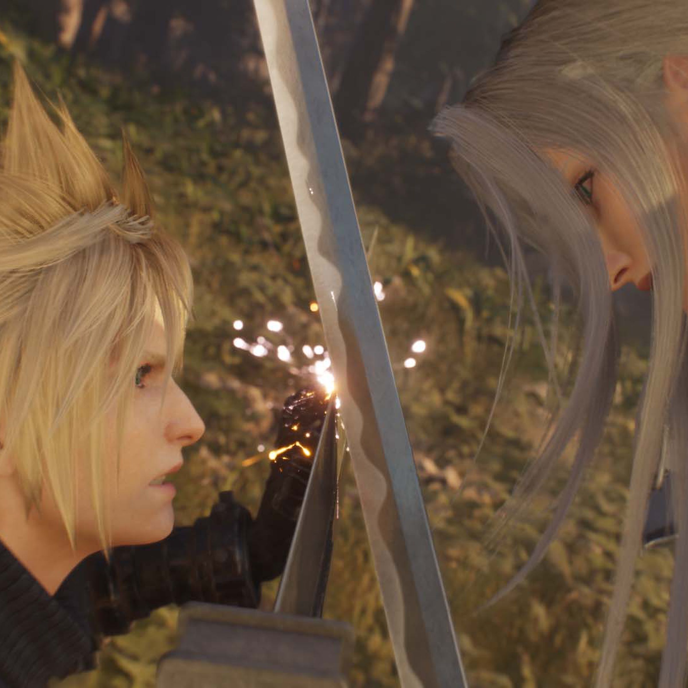Screenshot from Final Fantasy VII Rebirth featuring a close up of Cloud (left) and Sephiroth (right) clashing swords.