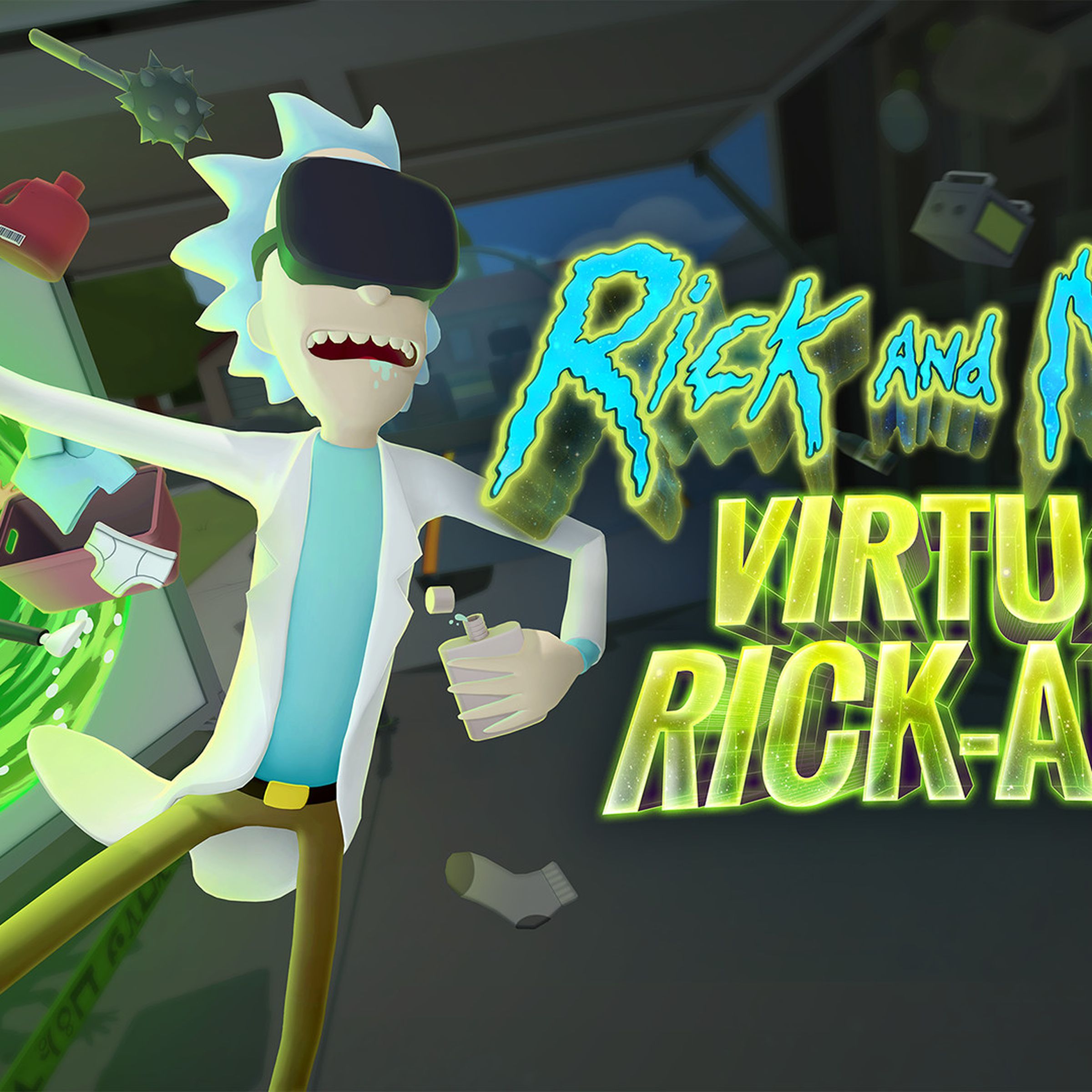Screenshot from Rick and Morty: Virtual Rick-ality featuring Rick and Morty wearing virtual headsets