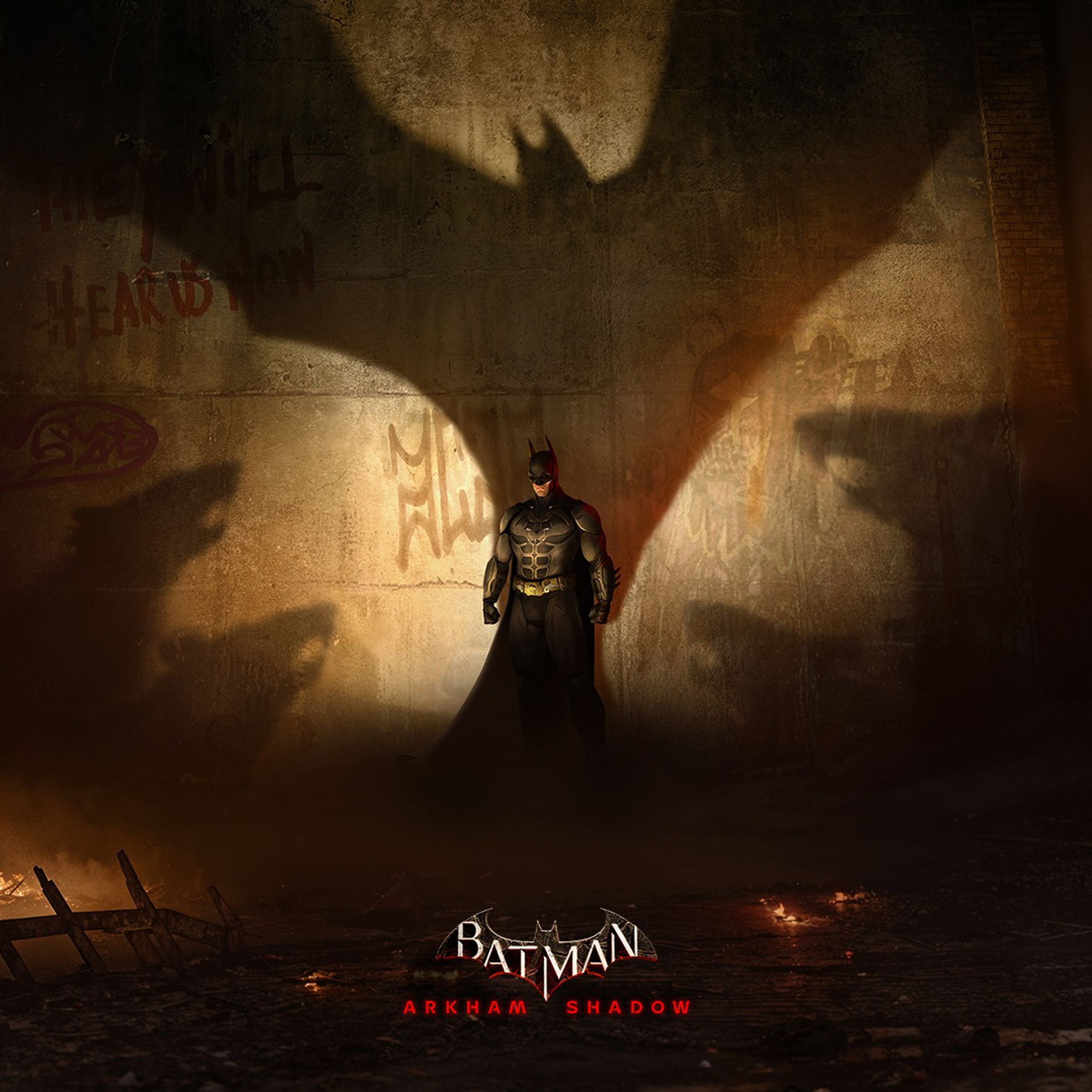 Key art from Batman: Arkham Shadow featuring Batman with a large shadow cast behind him that looks like a bat with extended wings over the text Batman: Arkham Shadow.