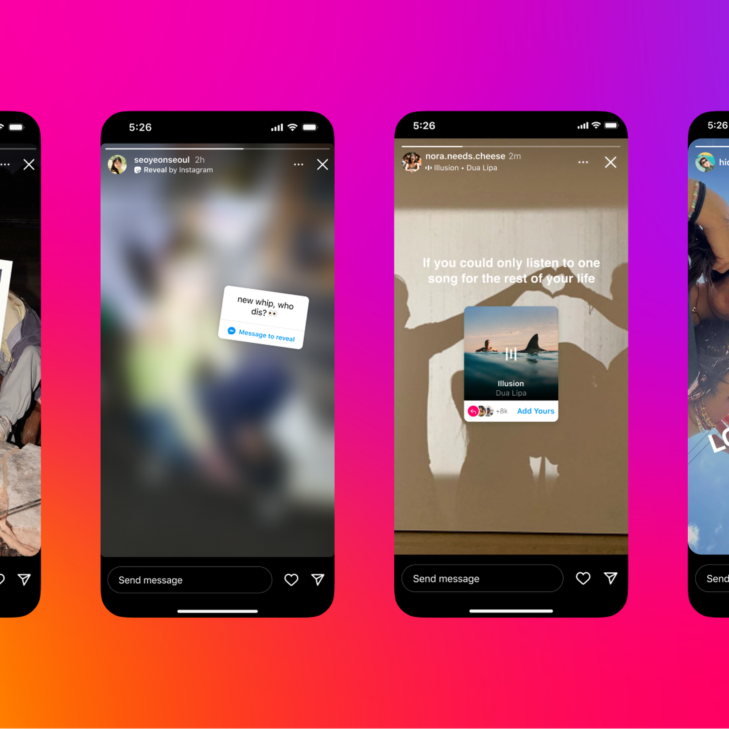 Instagram stickers featuring new photo frames, a blurring effect, and music sharing features.