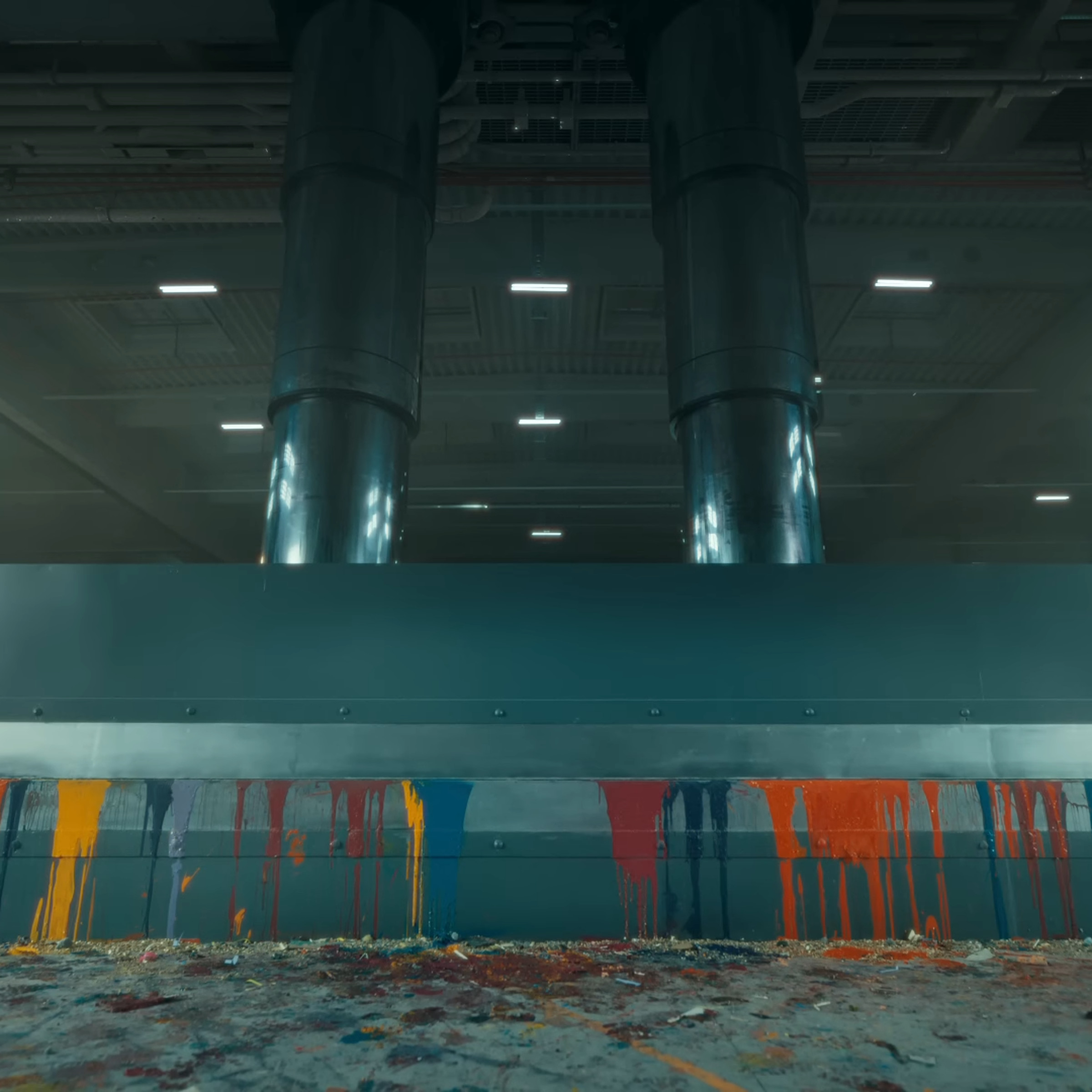 Still image from the “Crush” iPad ad with the press fully closed and only dripping paint and small debris visible outside.