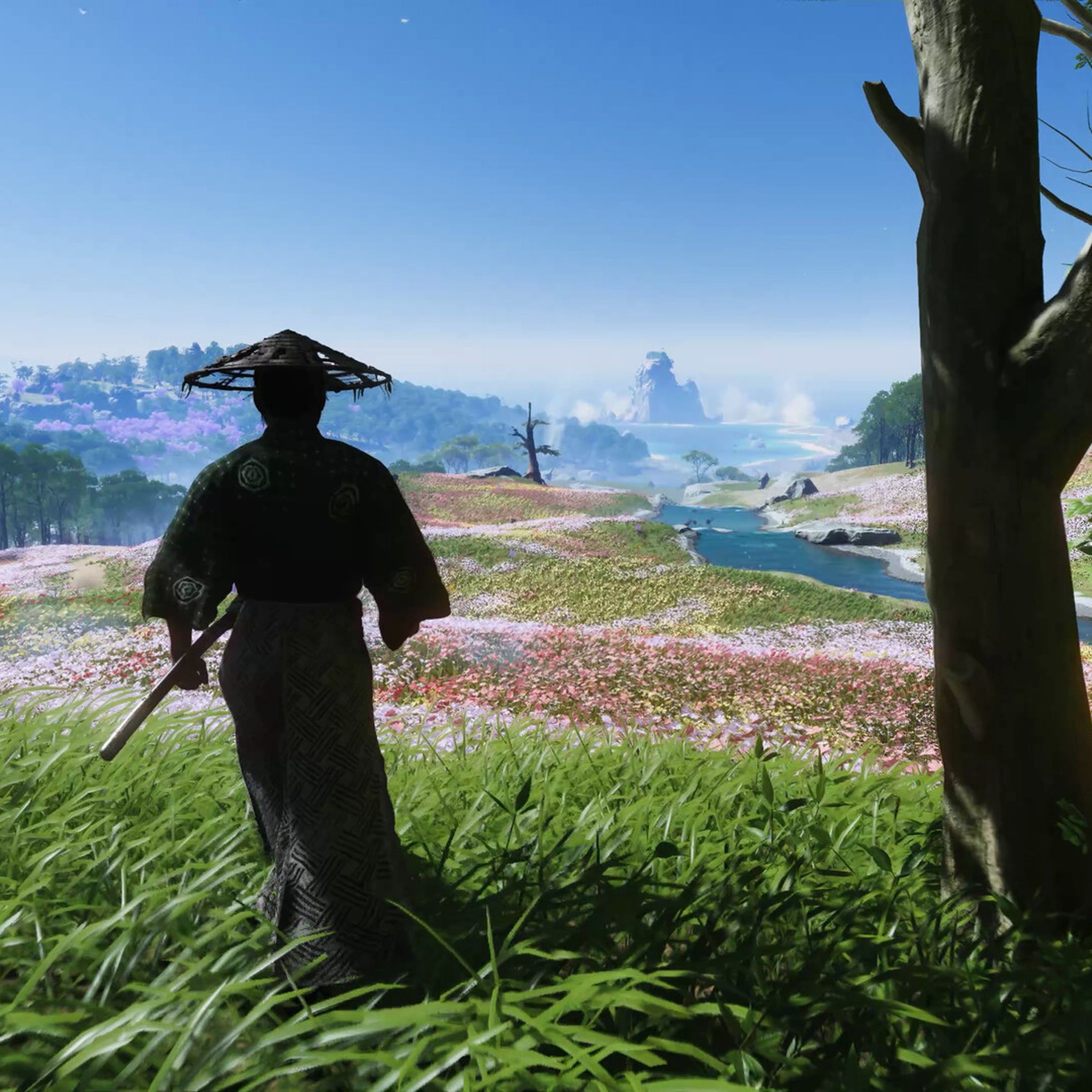 Screenshot from Ghost of Tsushima showing a character overlooking a field, with hills and mountains in the background.