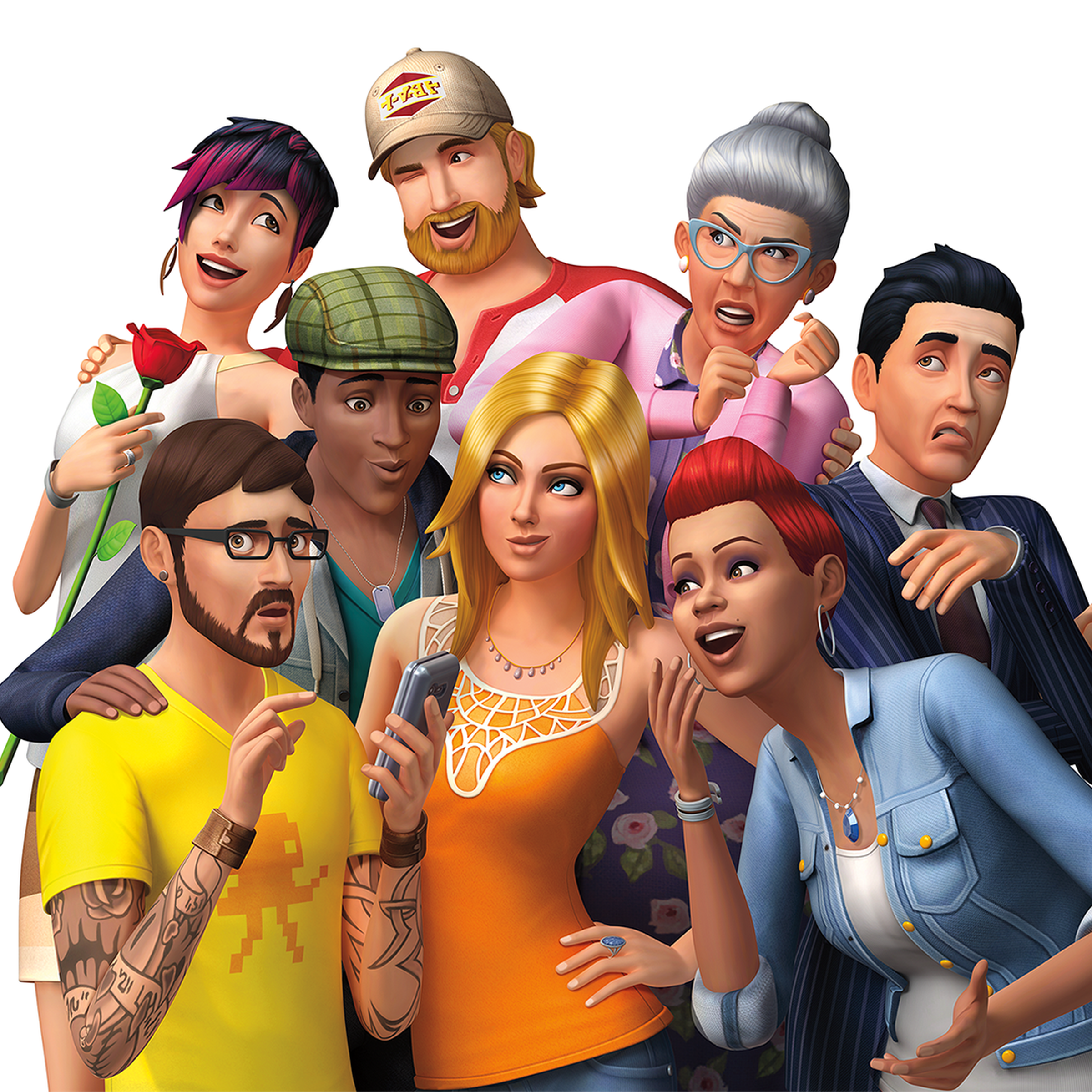 Key art from The Sims 4 featuring a collection of Sims of different ages, races, and genders.