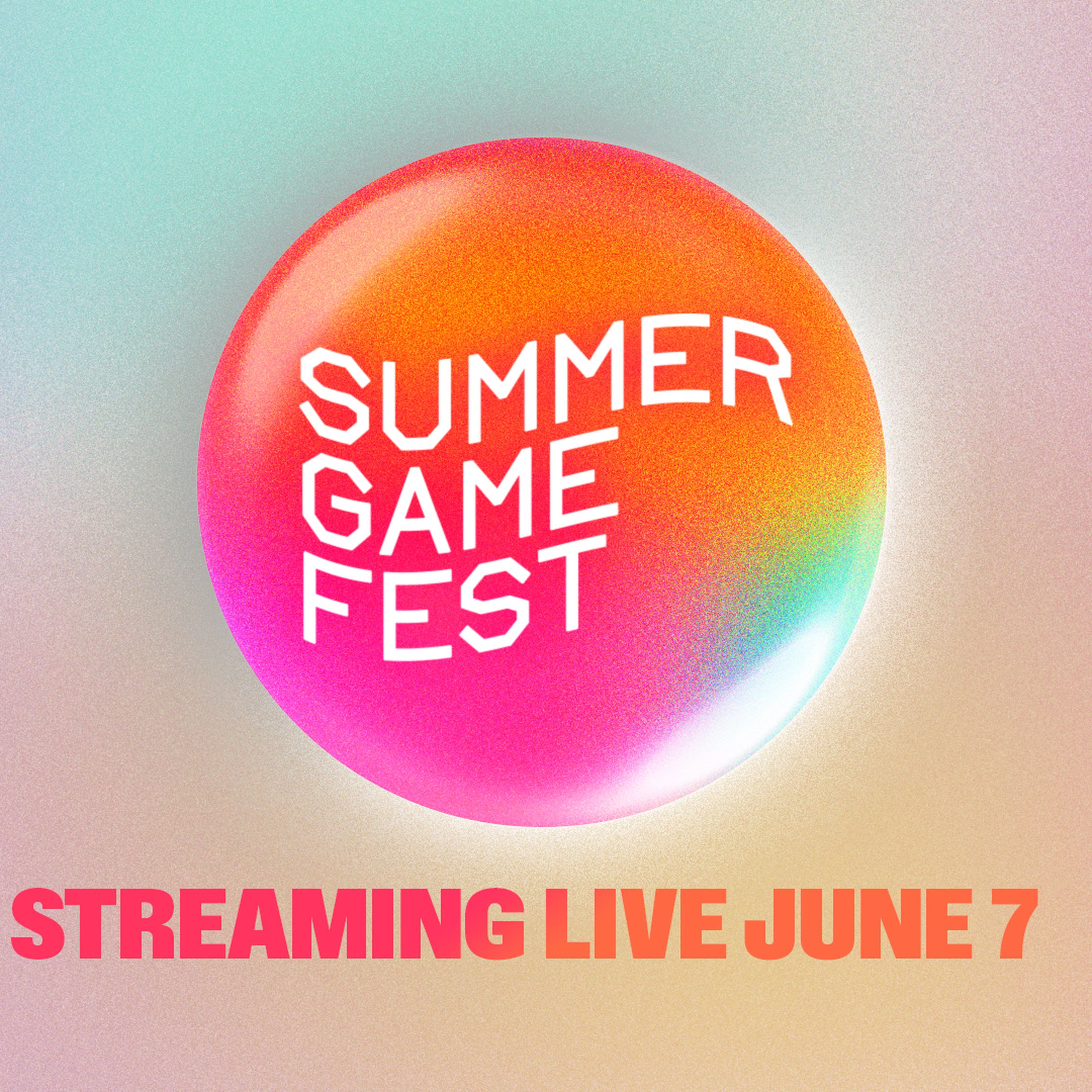 Logo for Summer Game Fest 2024 featuring a bright orange circle with the text “Summer Game Fest” inside with the text “Streaming Live June 7” below with a pastel sherbet gradient background.
