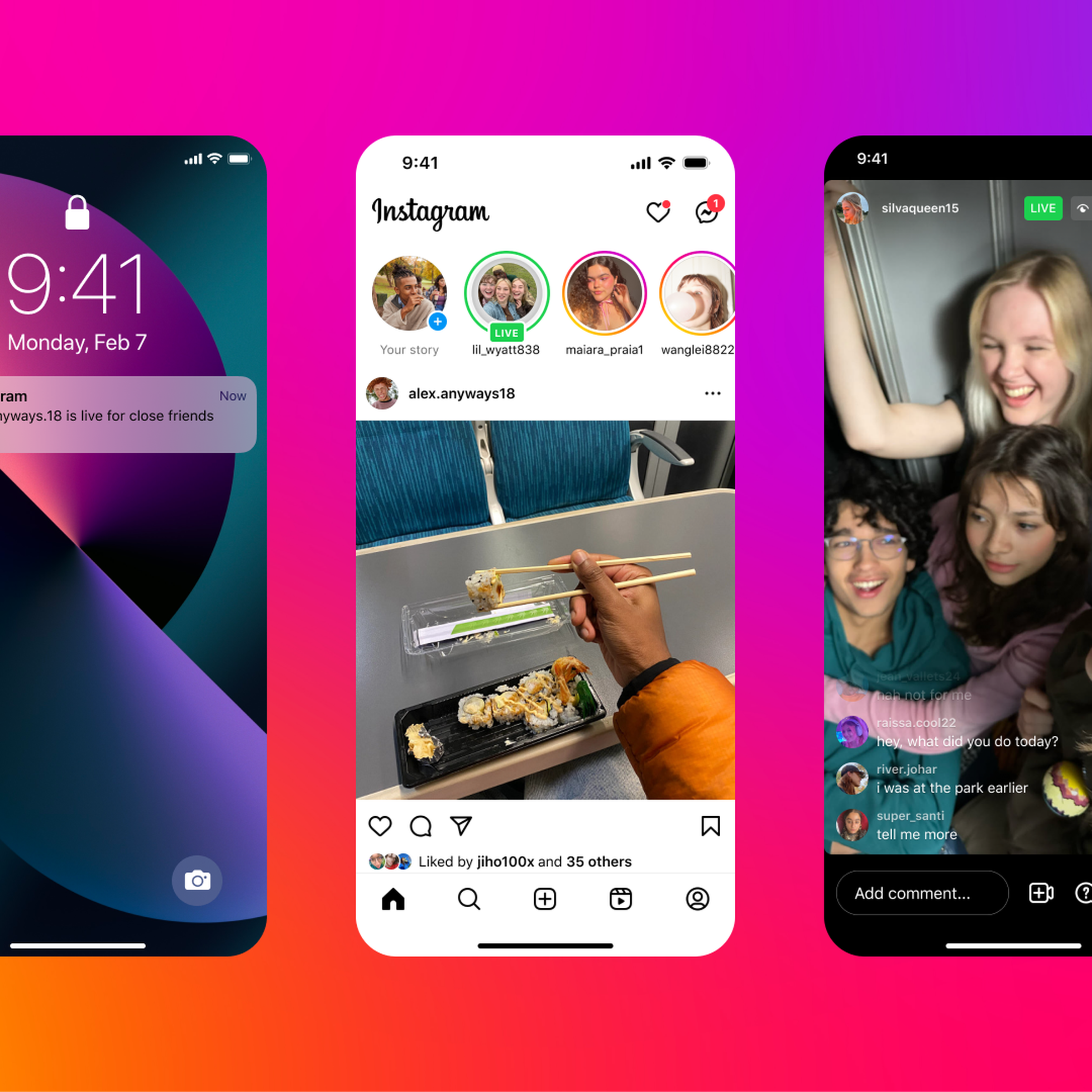 Instagram Live video stream alerts and displays for Close Friends only.
