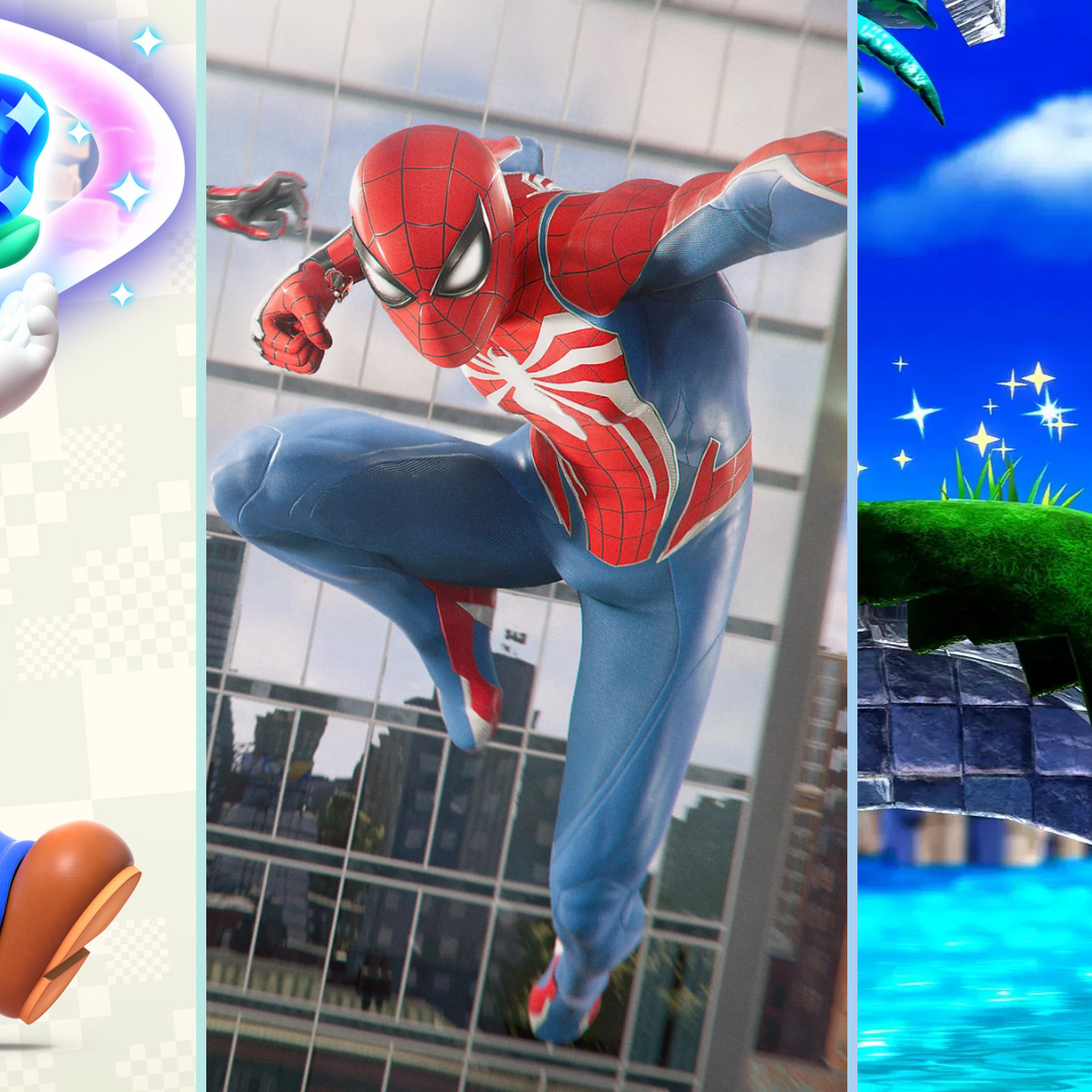Composite image of screenshots taken from Super Mario Bros. Wonder, Marvel’s Spider-Man 2, and Sonic Superstars