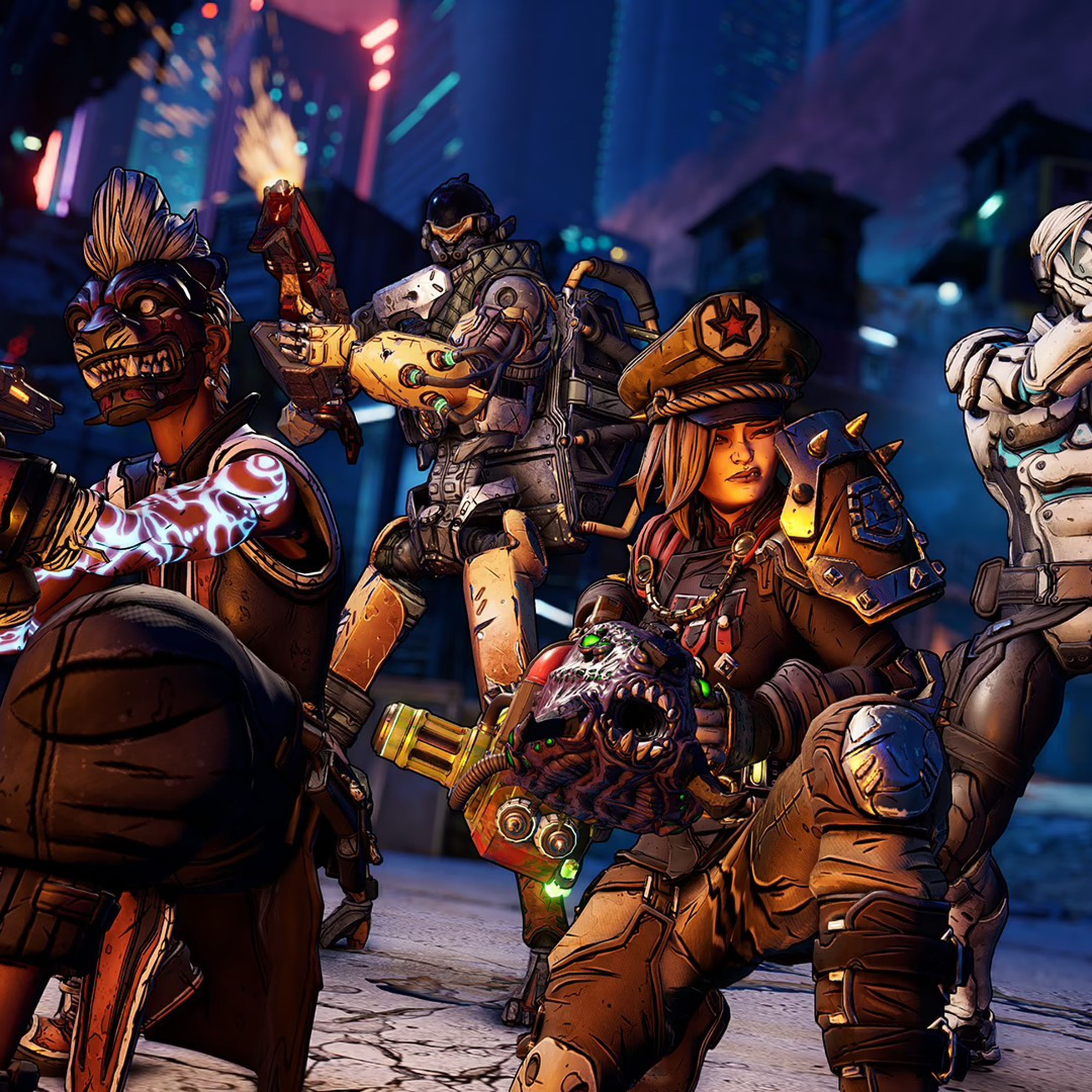 A screenshot from the game Borderlands 3, showing four gun-toting characters looking tough.