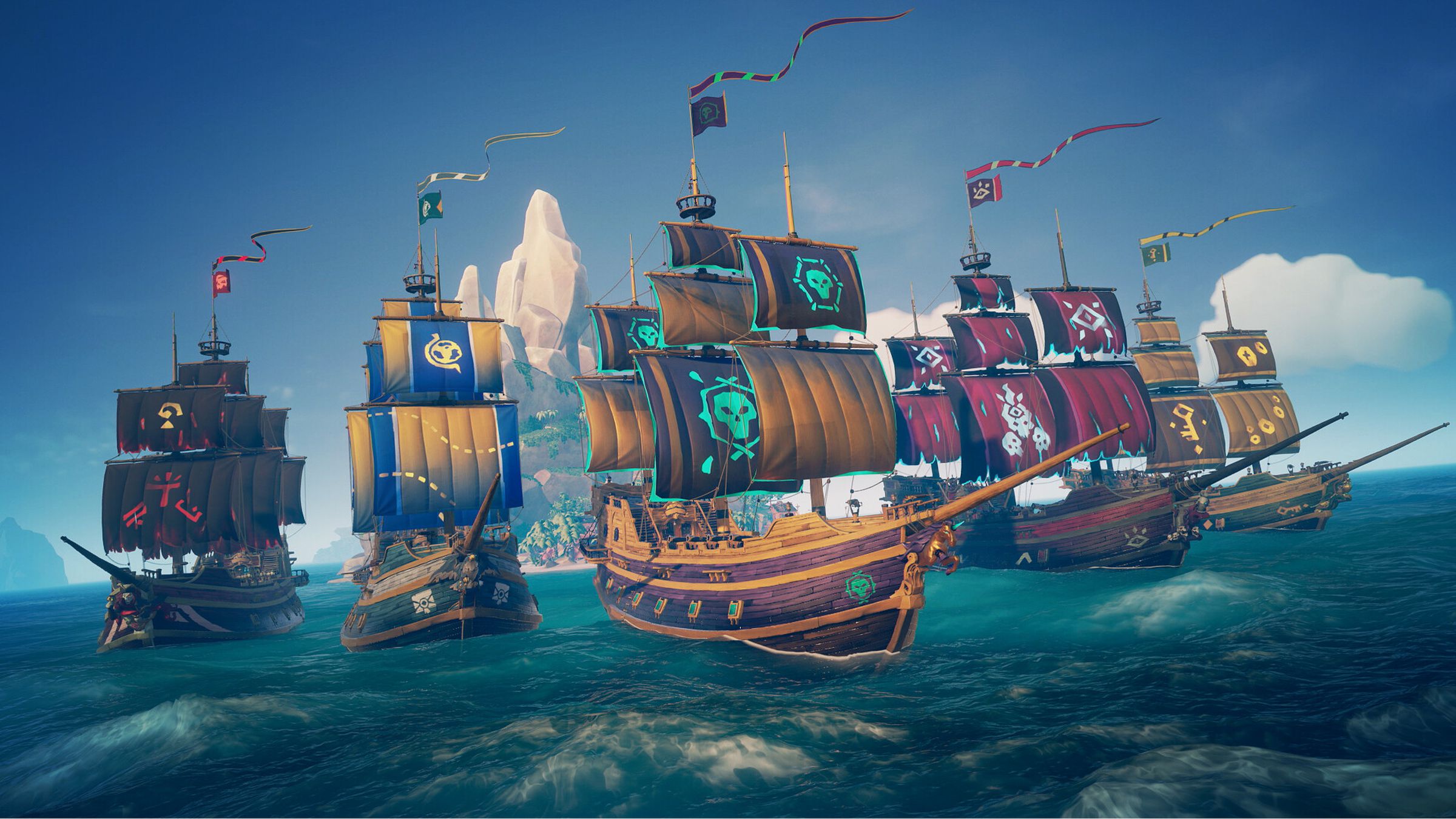 A screenshot from Sea of Thieves featuring five pirate ships.