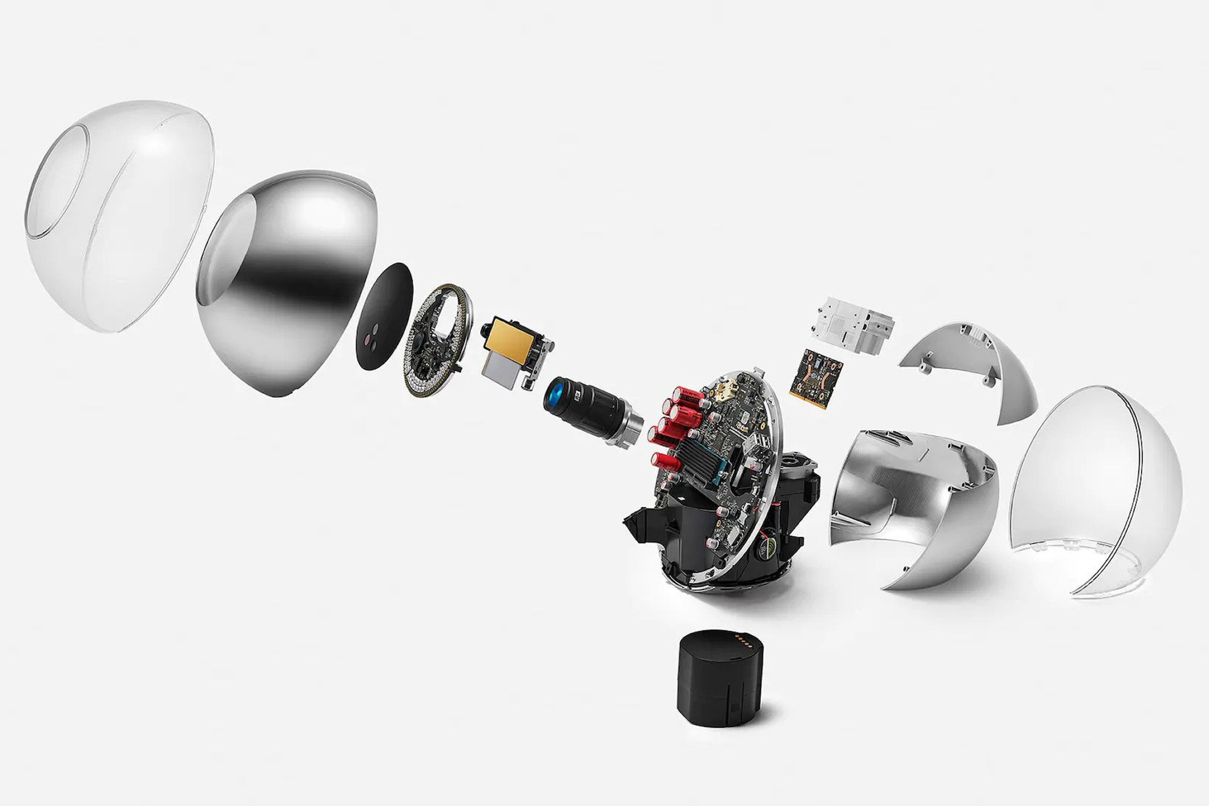 The ‘Orb’ retina scanner for the Worldcoin cryptocurrency, deconstructed so all components are visible.