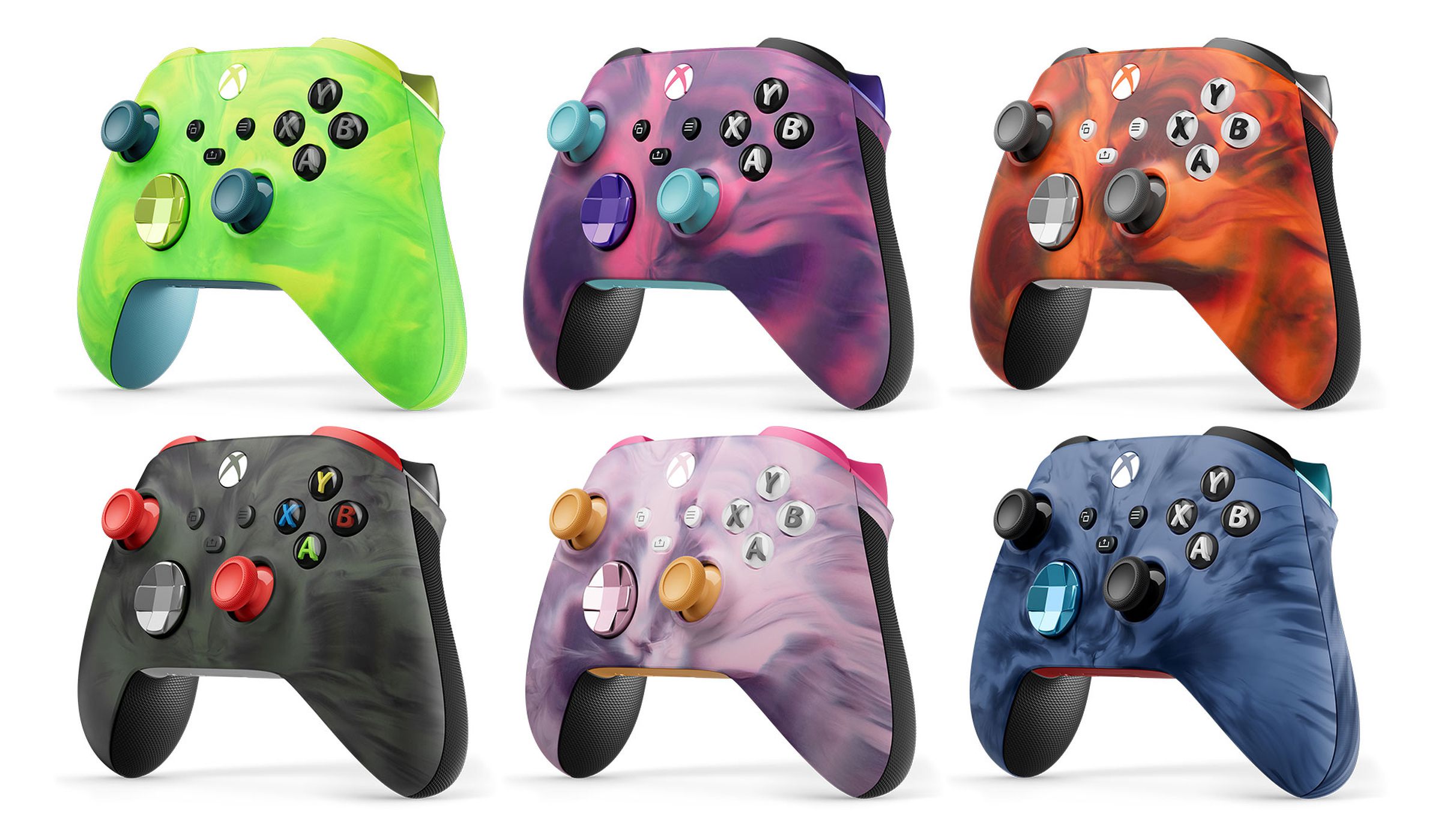 A photo of six very colorful Xbox controller.