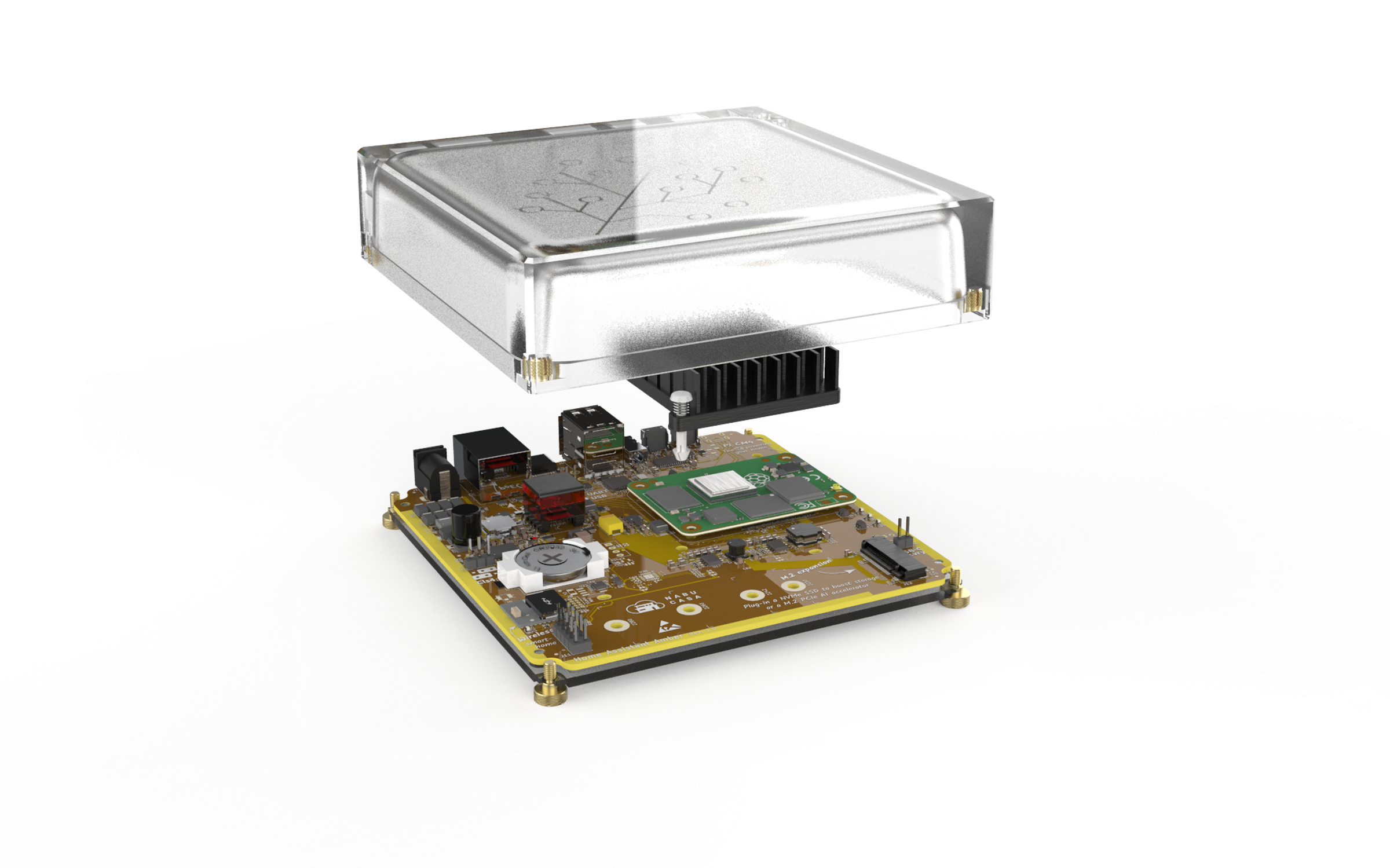 The Yellow Hub comes pre-assembled in a custom enclosure with a Raspberry Pi Compute Module 4 (CM4) and a heatsink for silent operation.