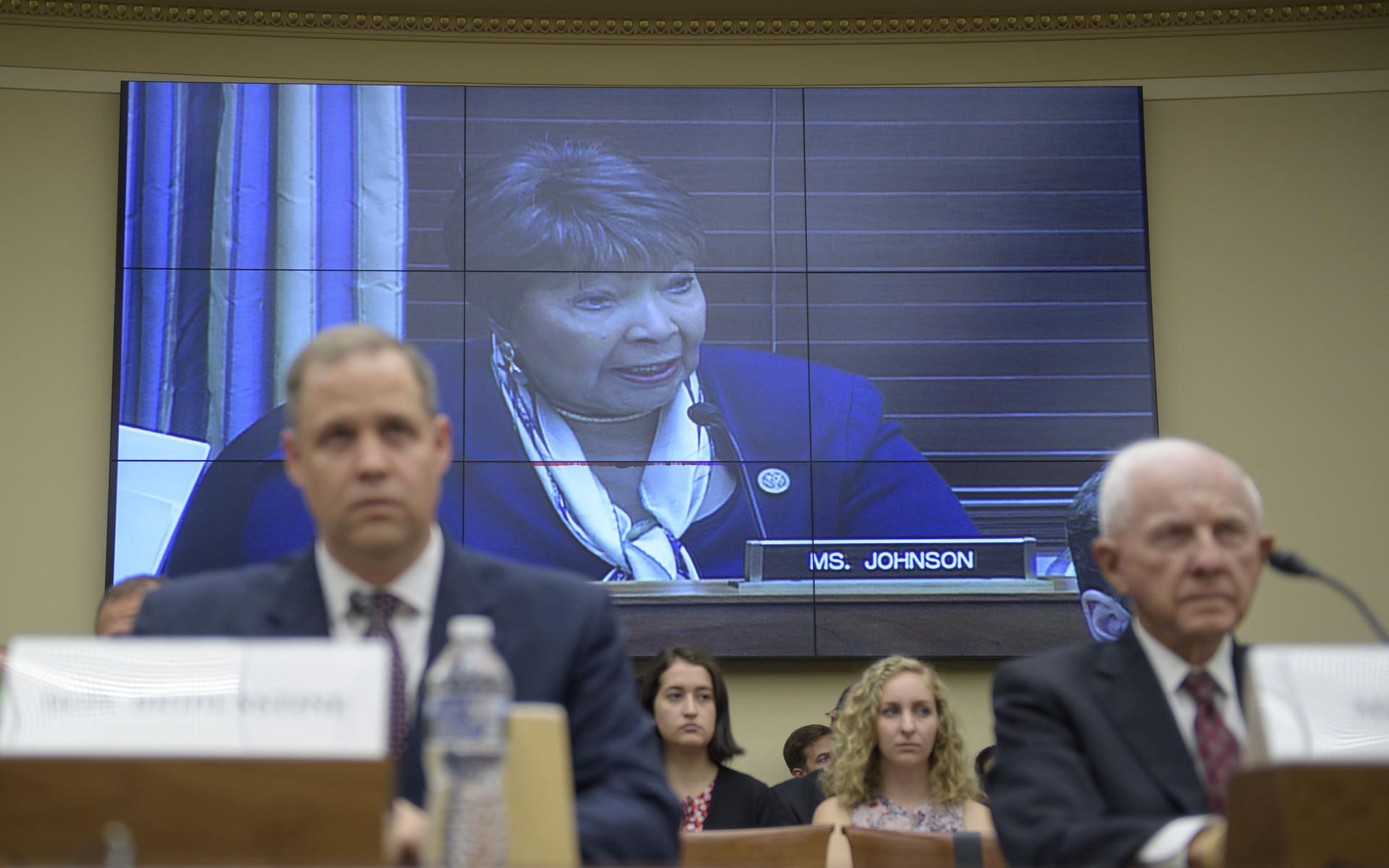 Rep. Eddie Bernice Johnson (D-TX) speaks at a hearing on JWST with NASA administrator Jim Bridenstine and Tom Young, chairman of the JWST Independent Review Board, in attendance.