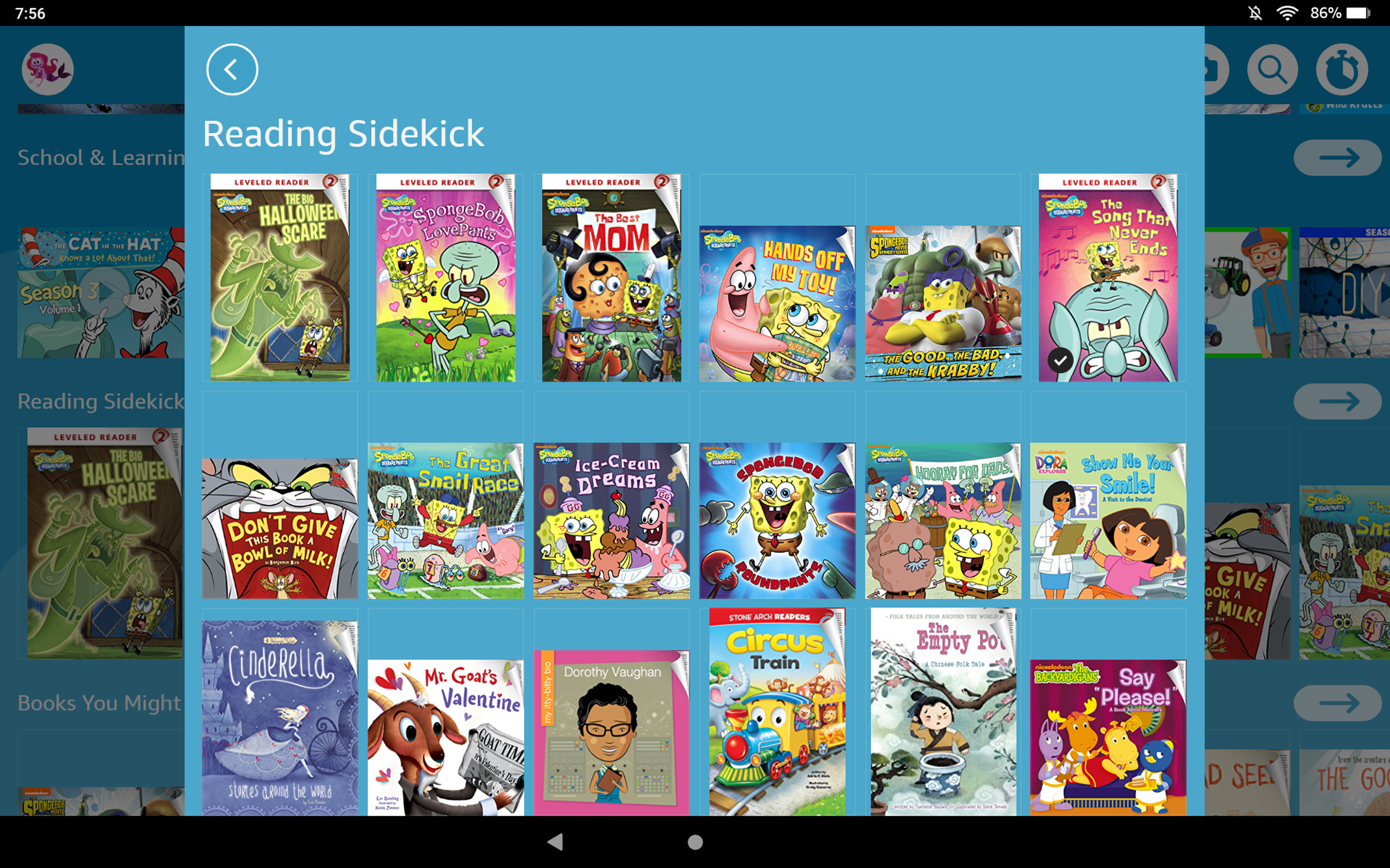 A Reading Sidekick section on Fire tablets for kids shows all of the supported books.