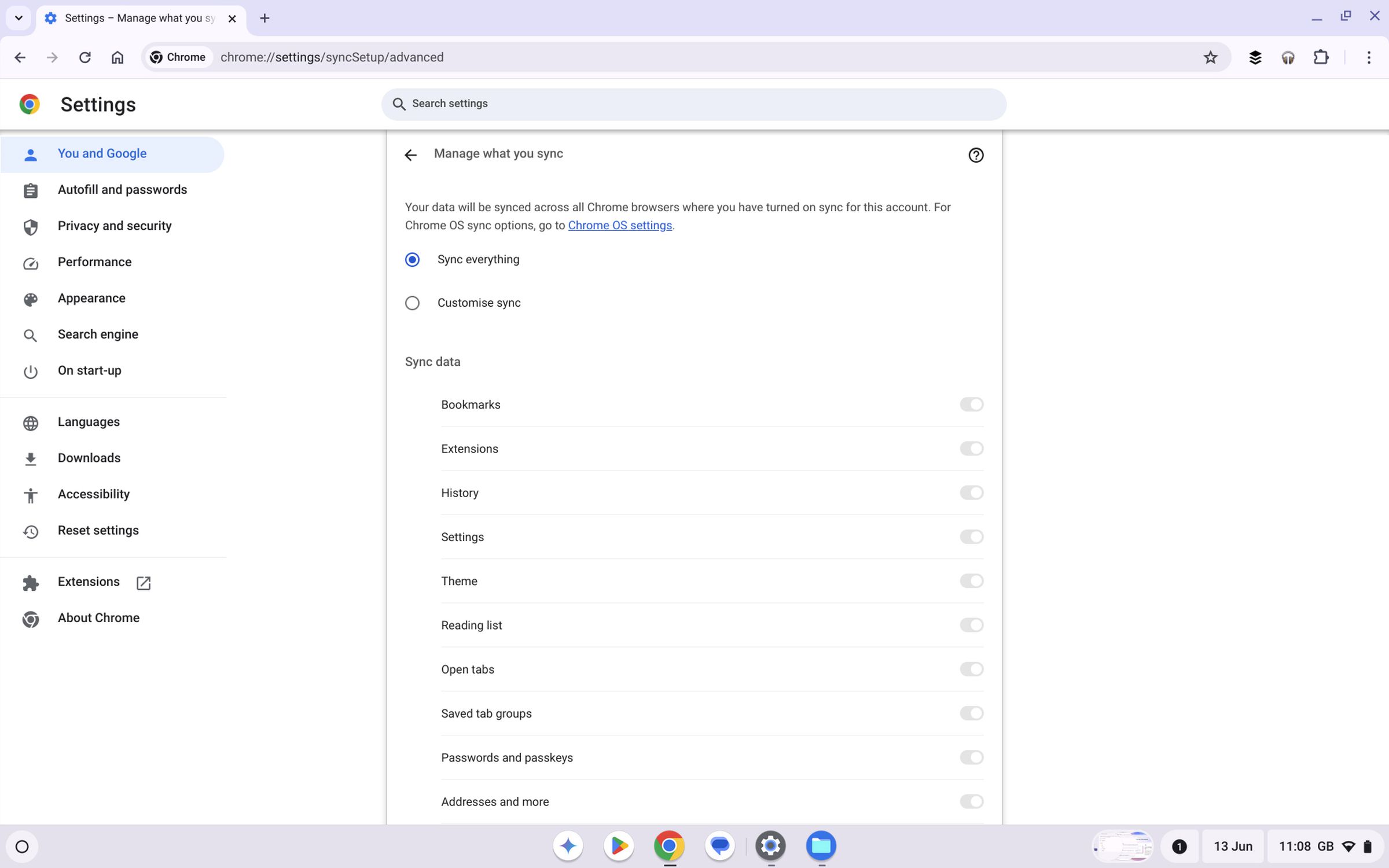 Chromebook settings page managing sync.