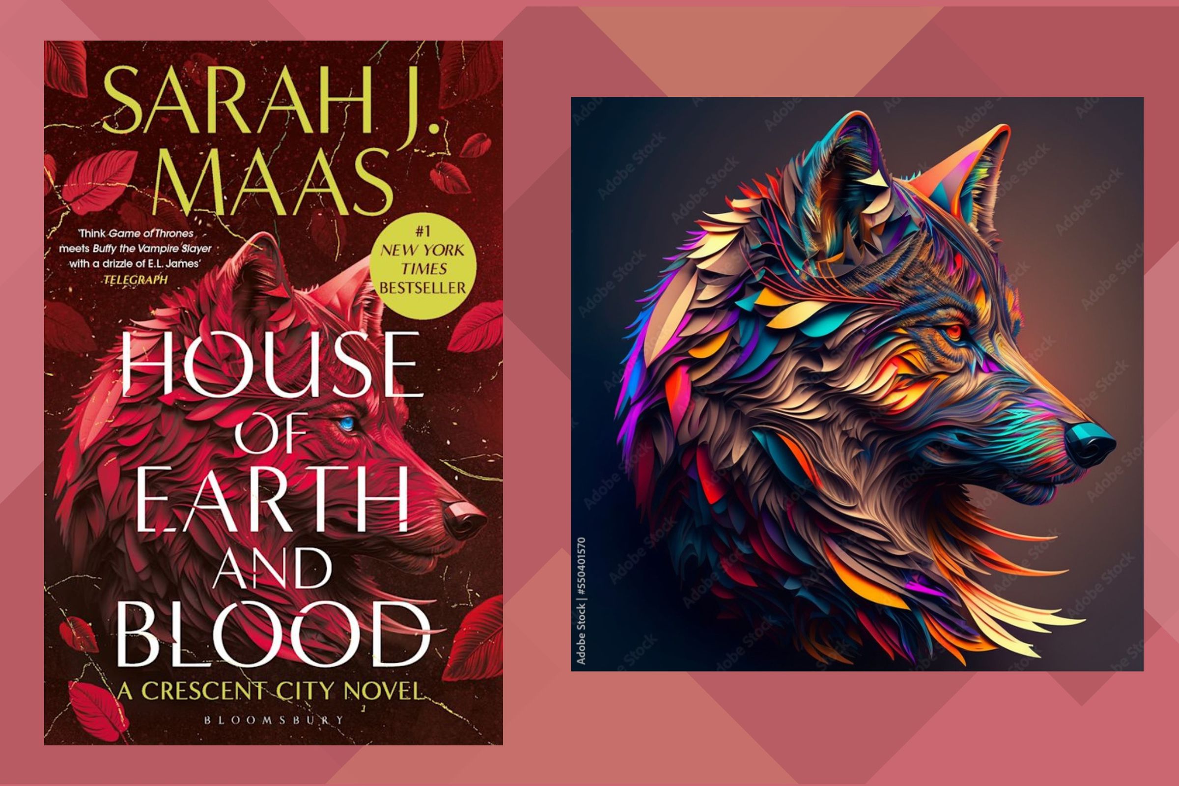 An image of the novel ‘House of Earth and Blood’ by Sarah J Maas displaying an AI-generated image of a wolf. The original AI-generated stock image is displayed besides it on the right.
