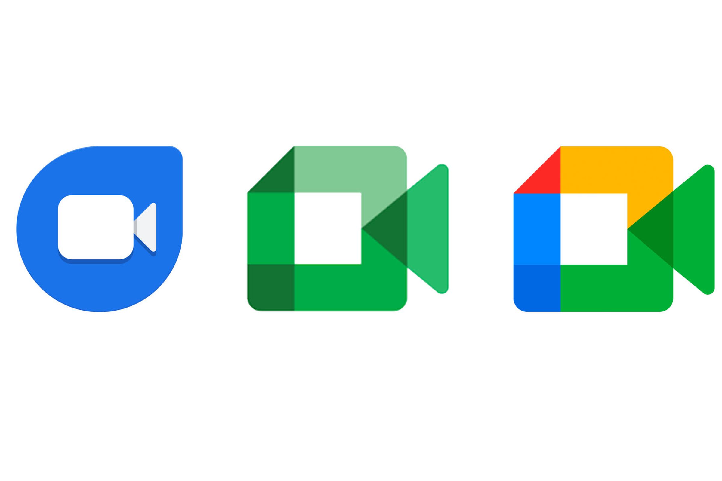 The logo for Google Duo, Meet Original, and Meet (from left to right).