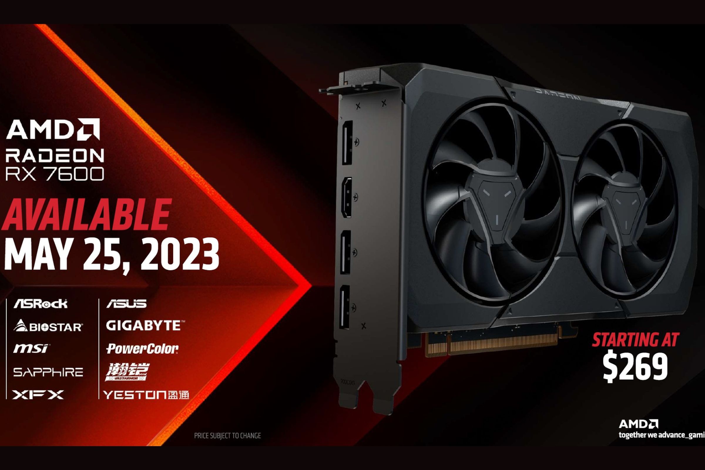 A screenshot taken from an AMD slideshow announcing that the Radeon RX 7600 GPU is available on May 25th for $269.