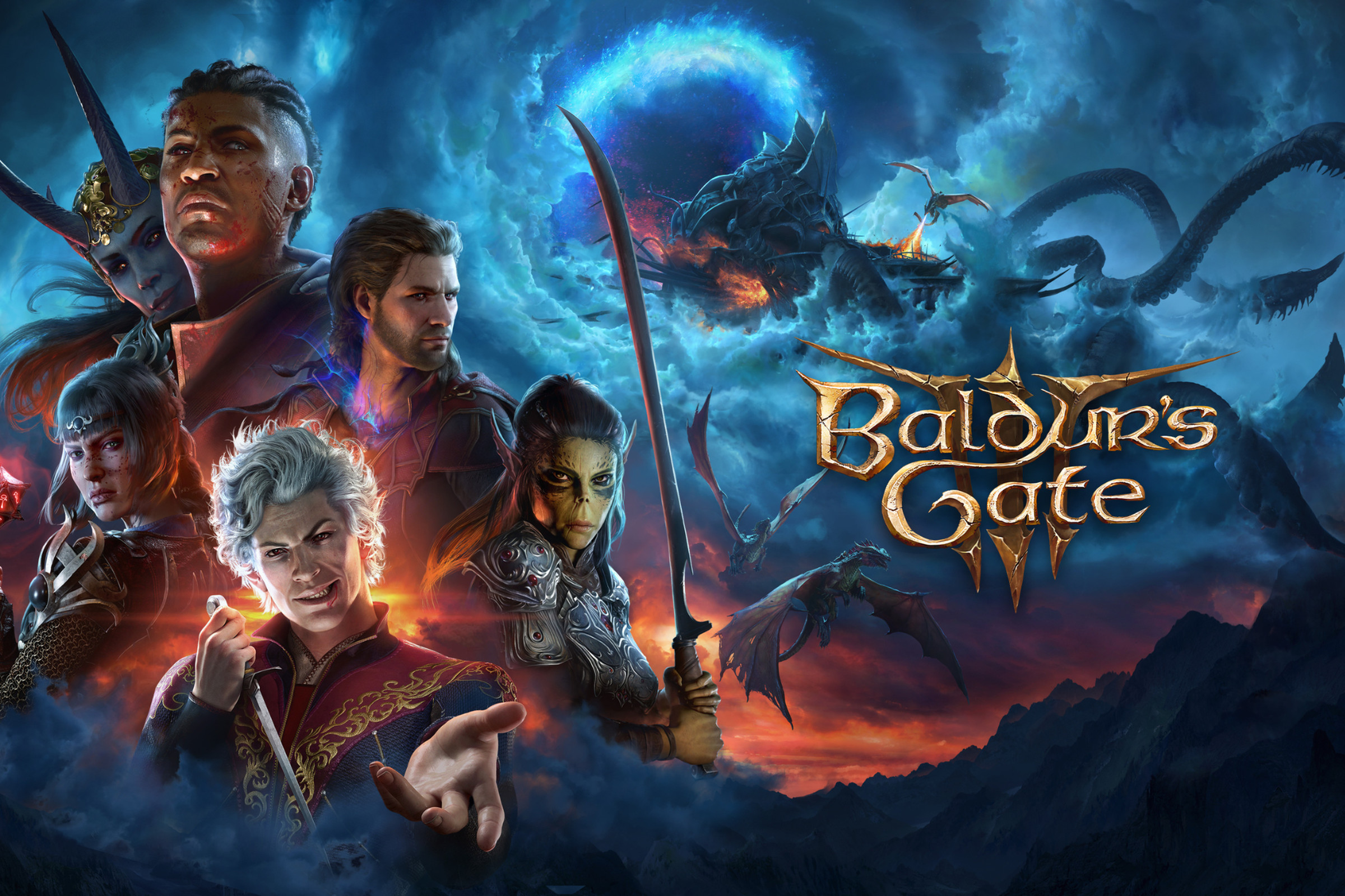 Key art for Baldur’s Gate 3 featuring a composite of five of the game’s companions with a dark blue sky background with the Baldur’s Gate 3 logo to the right.