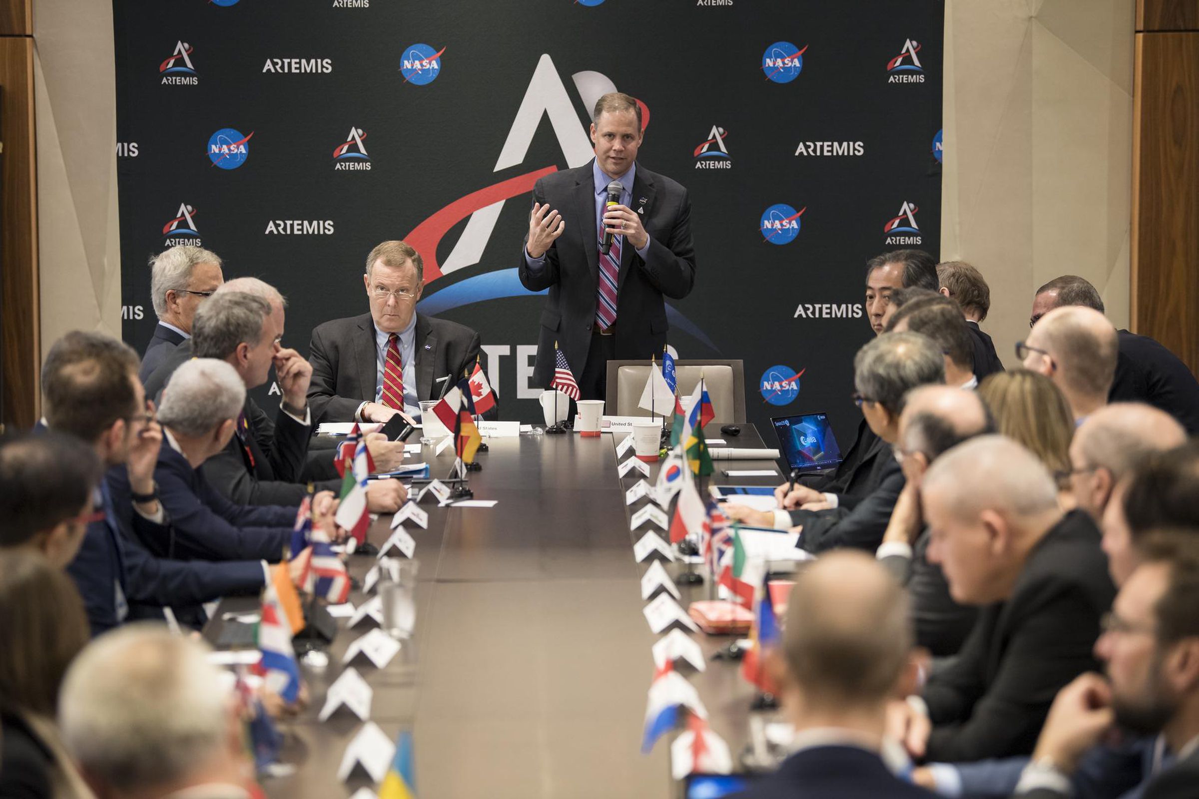 NASA administrator Jim Bridenstine speaking with the heads of the world’s space agencies at last year’s International Astronautical Congress.