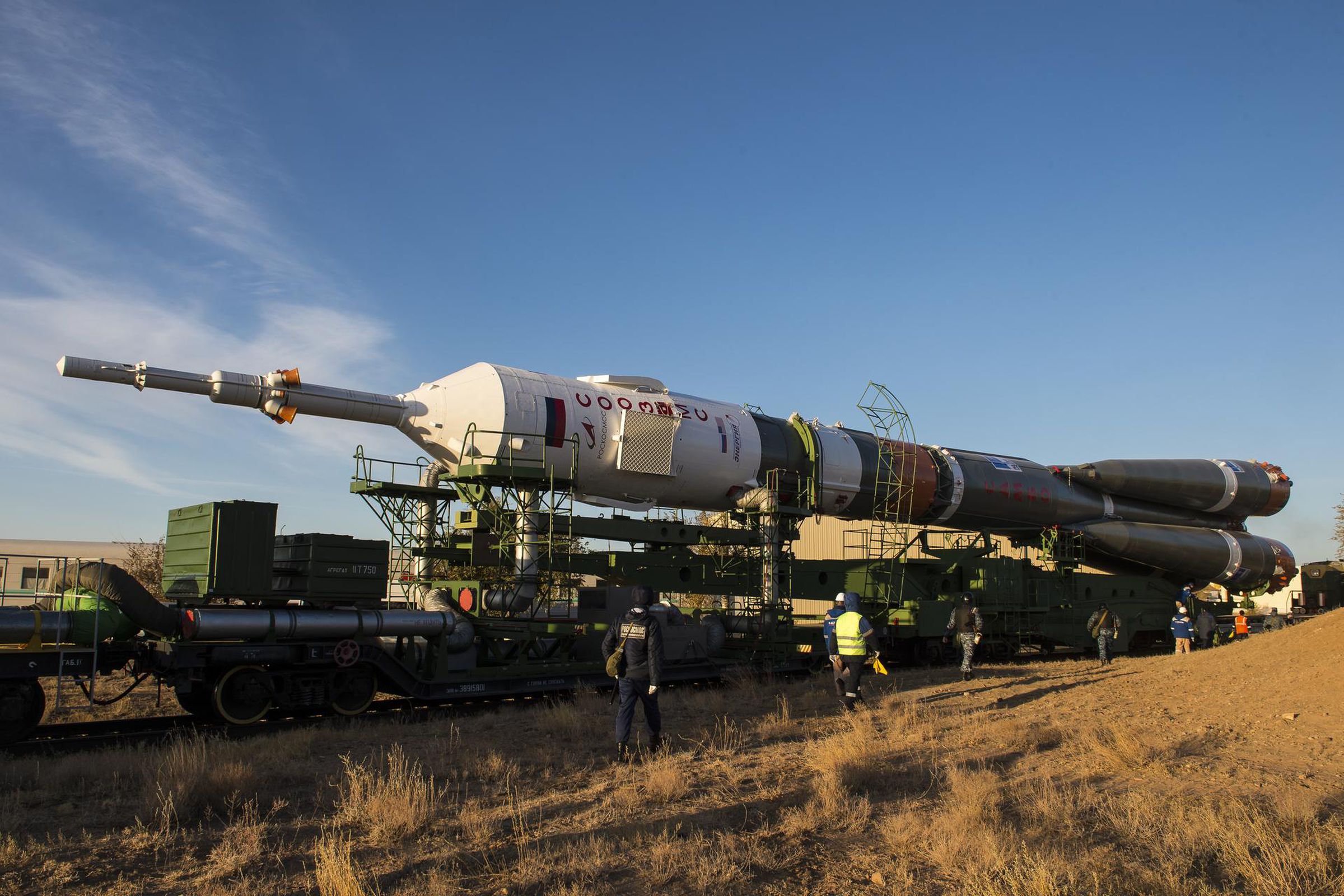 The Soyuz rocket rolling out to the pad.